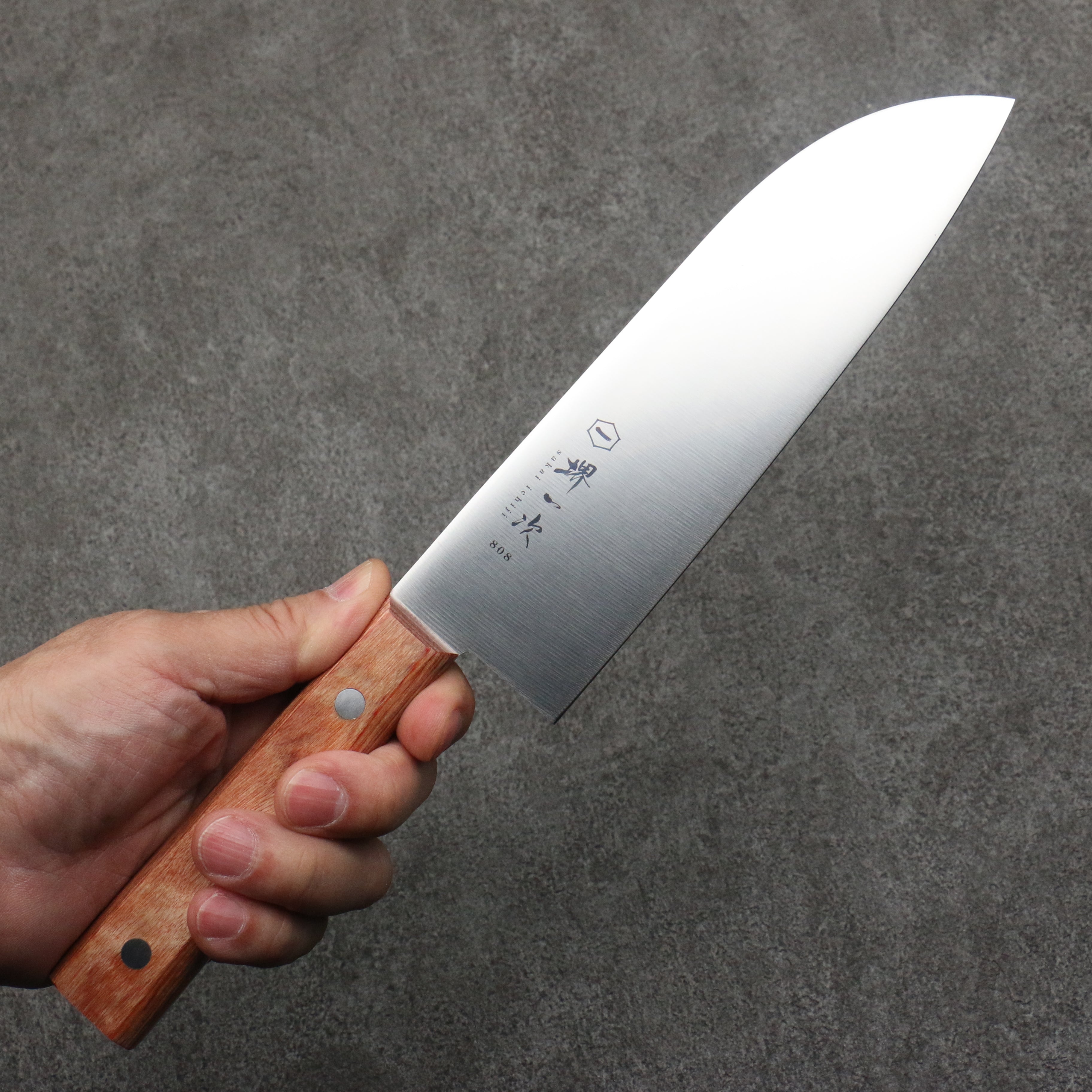 Sakai Ichiji 808 Steel Clamshell Santoku 180mm Brown Pakkawood Handle
