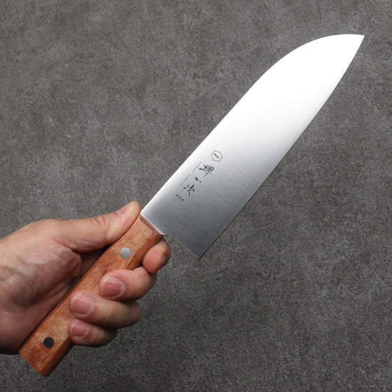 Sakai Ichiji 808 steel Clamshell Shaped Profile Santoku  180mm Light Brown Pakka wood Handle - Seisuke Knife