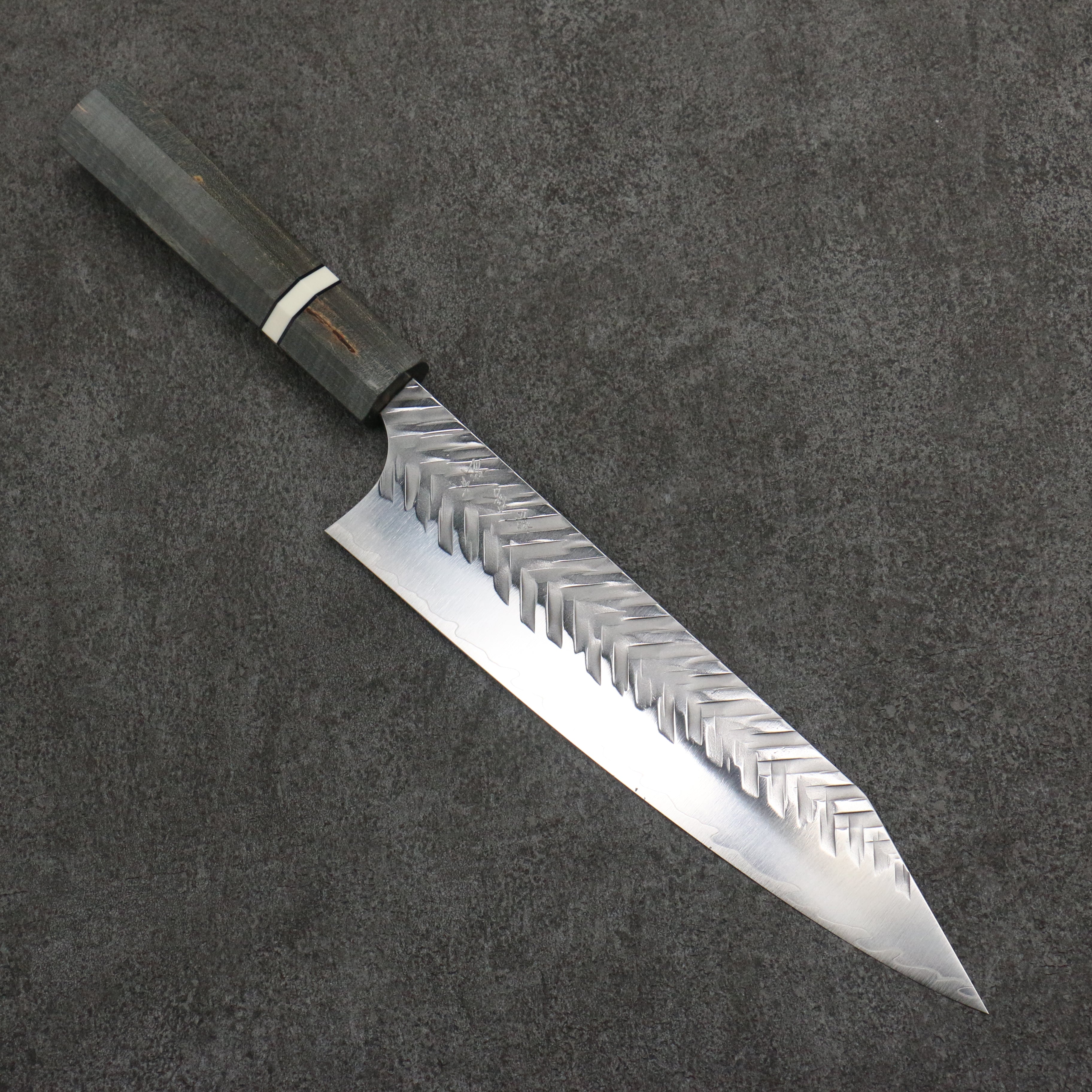 Yoshimi Kato SPG STRIX Hammered (V) Kiritsuke Gyuto 210mm Gray Stabilized Wood (White Ring) Handle - Seisuke Knife
