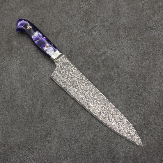 Yoshimi Kato VG10 Black Damascus Gyuto  210mm Purple and White Marble Acrylic Handle - Seisuke Knife