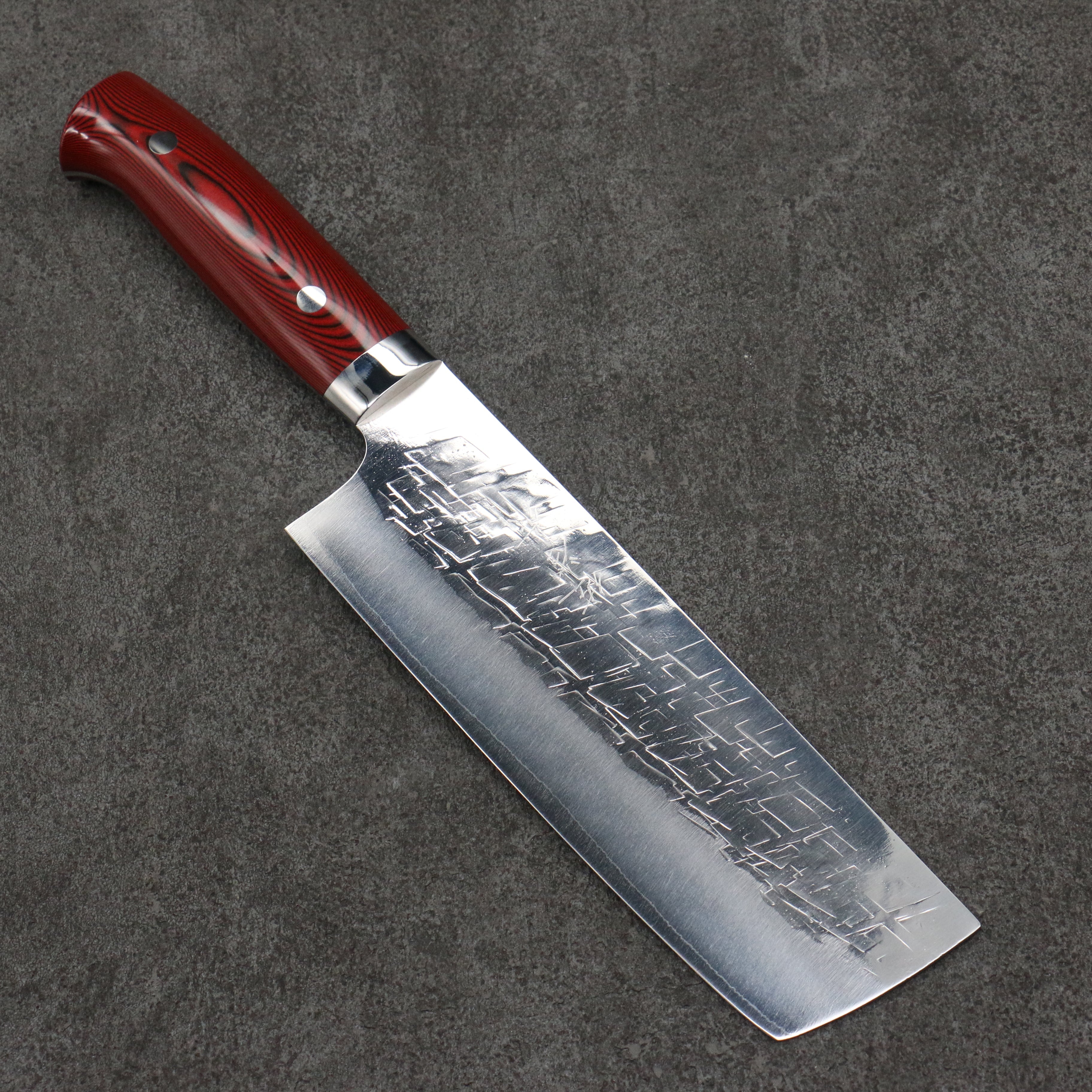 Takeshi Saji New Nomura Style SRS13 Hammered Nakiri  180mm Red and Black Micarta Handle - Seisuke Knife