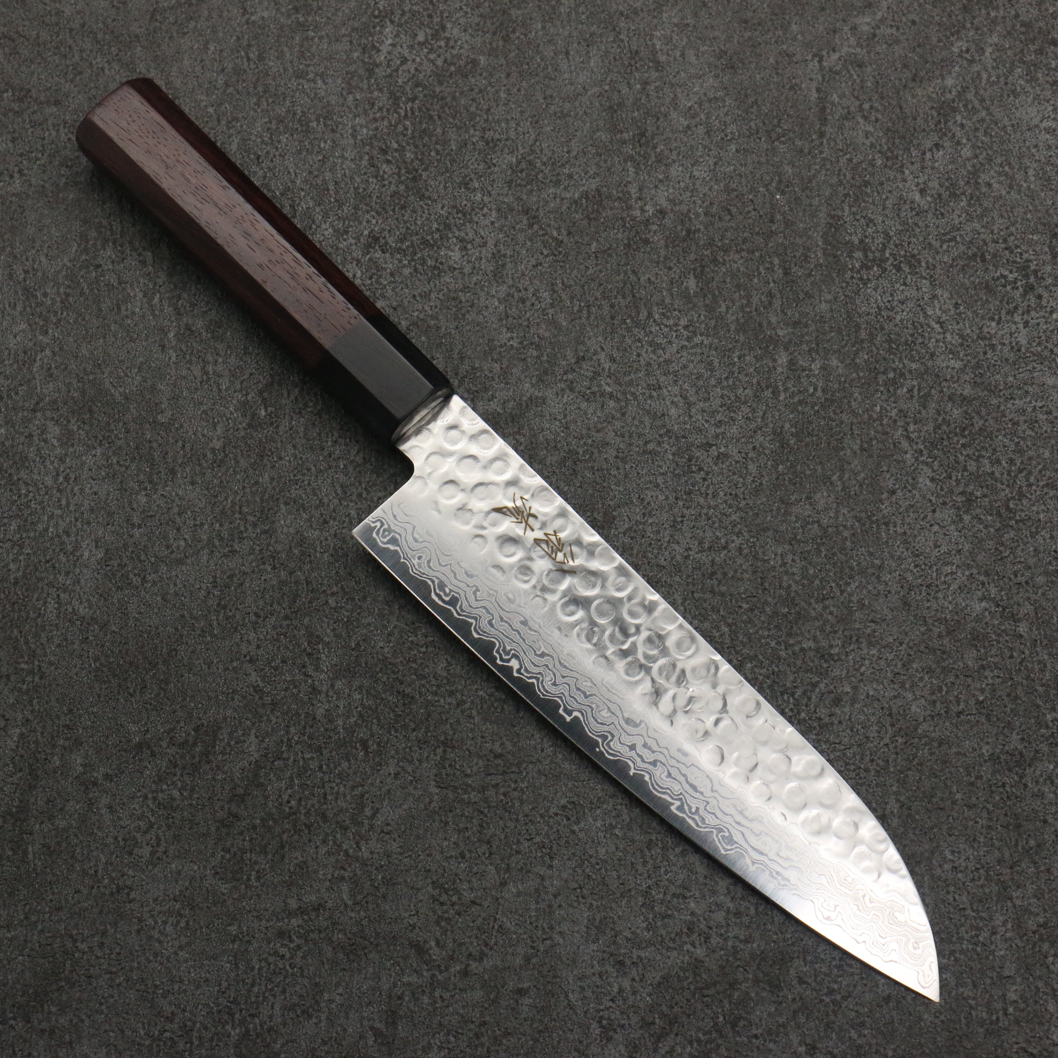 Oul AUS10 Hammered Damascus Santoku  180mm Rosewood Handle - Seisuke Knife