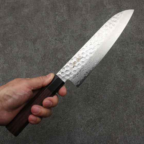 Oul AUS10 Hammered Damascus Santoku  180mm Rosewood Handle - Seisuke Knife