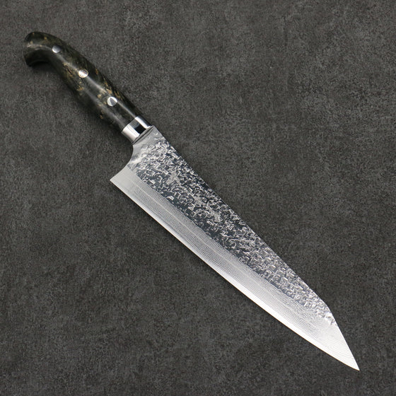 Yu Kurosaki Shizuku SG2 Hammered Damascus Kiritsuke Gyuto  210mm Gray Stablilized Wood Handle - Seisuke Knife