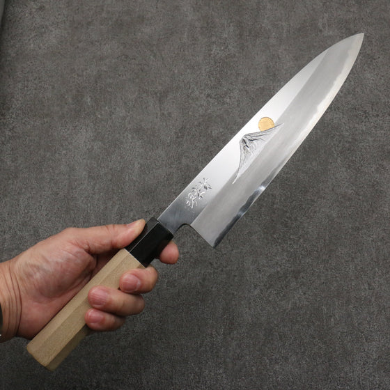 Sakai Takayuki Gold Filled Engraving by Kubota Fuji and Sunset Blue Steel No.2 Gyuto  240mm Magnolia  (Ferrule: Water Buffalo Horn) Handle - Seisuke Knife