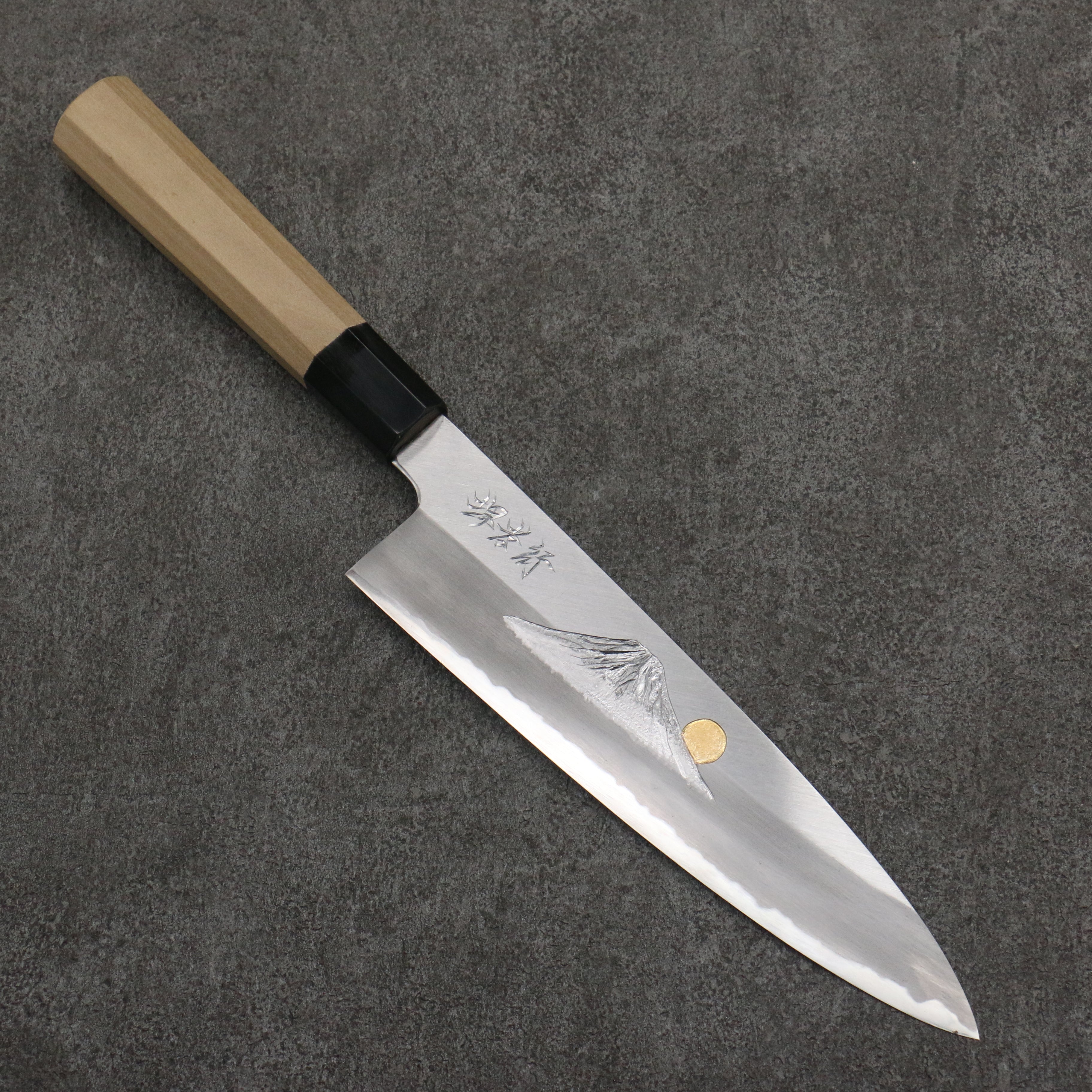 Sakai Takayuki Gold Filled Fuji and Sunset Engraving by Kubota Blue Steel No.2 Gyuto 210mm Magnolia & Water Buffalo Horn Handle - Seisuke Knife
