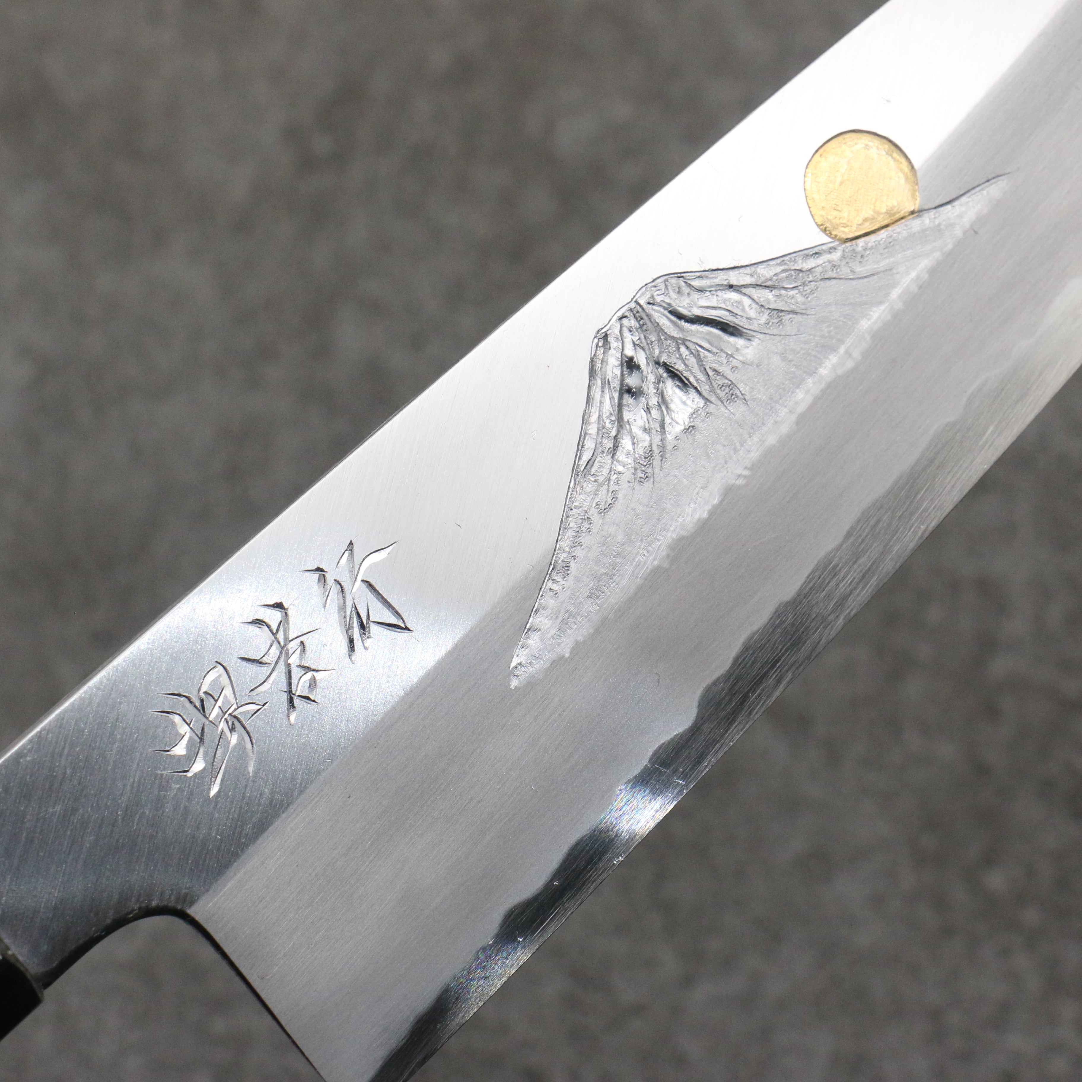 Sakai Takayuki Gold Filled Fuji and Sunset Engraving by Kubota Blue Steel No.2 Gyuto 210mm Magnolia & Water Buffalo Horn Handle - Seisuke Knife