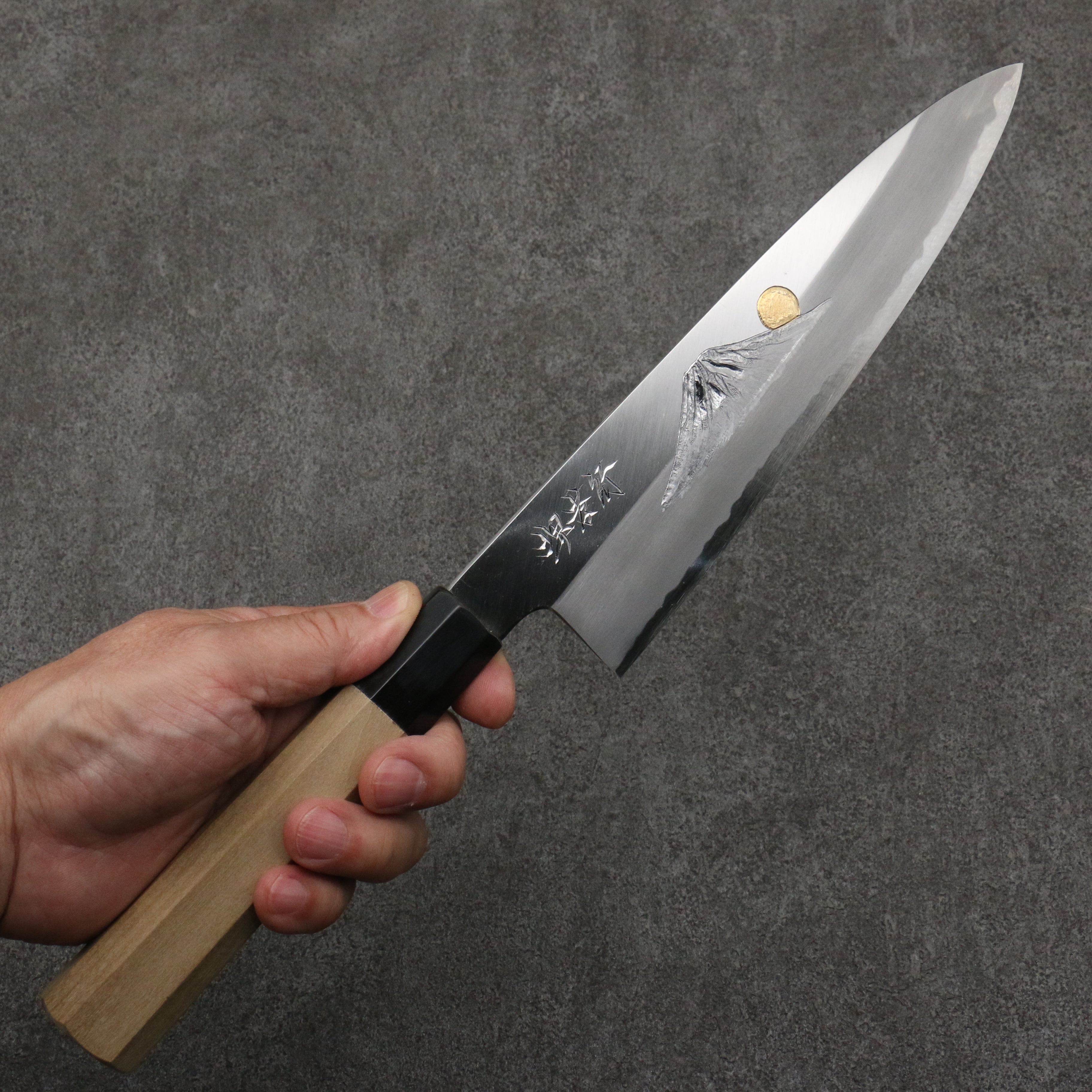 Sakai Takayuki Gold Filled Fuji and Sunset Engraving by Kubota Blue Steel No.2 Gyuto 210mm Magnolia & Water Buffalo Horn Handle - Seisuke Knife
