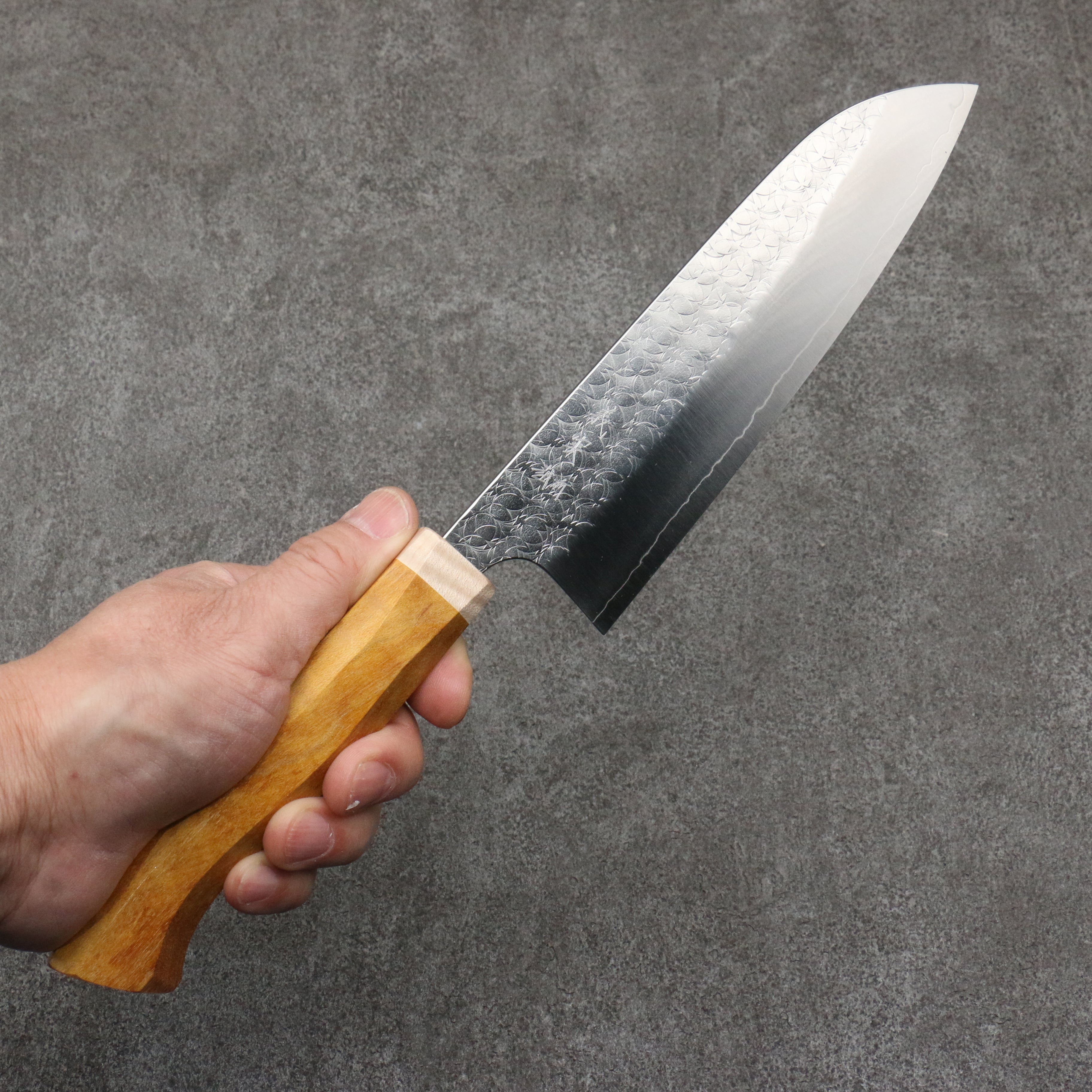 Yoshimi Kato Minamo SG2 Hammered Santoku  170mm Western style (yellow) Handle - Seisuke Knife
