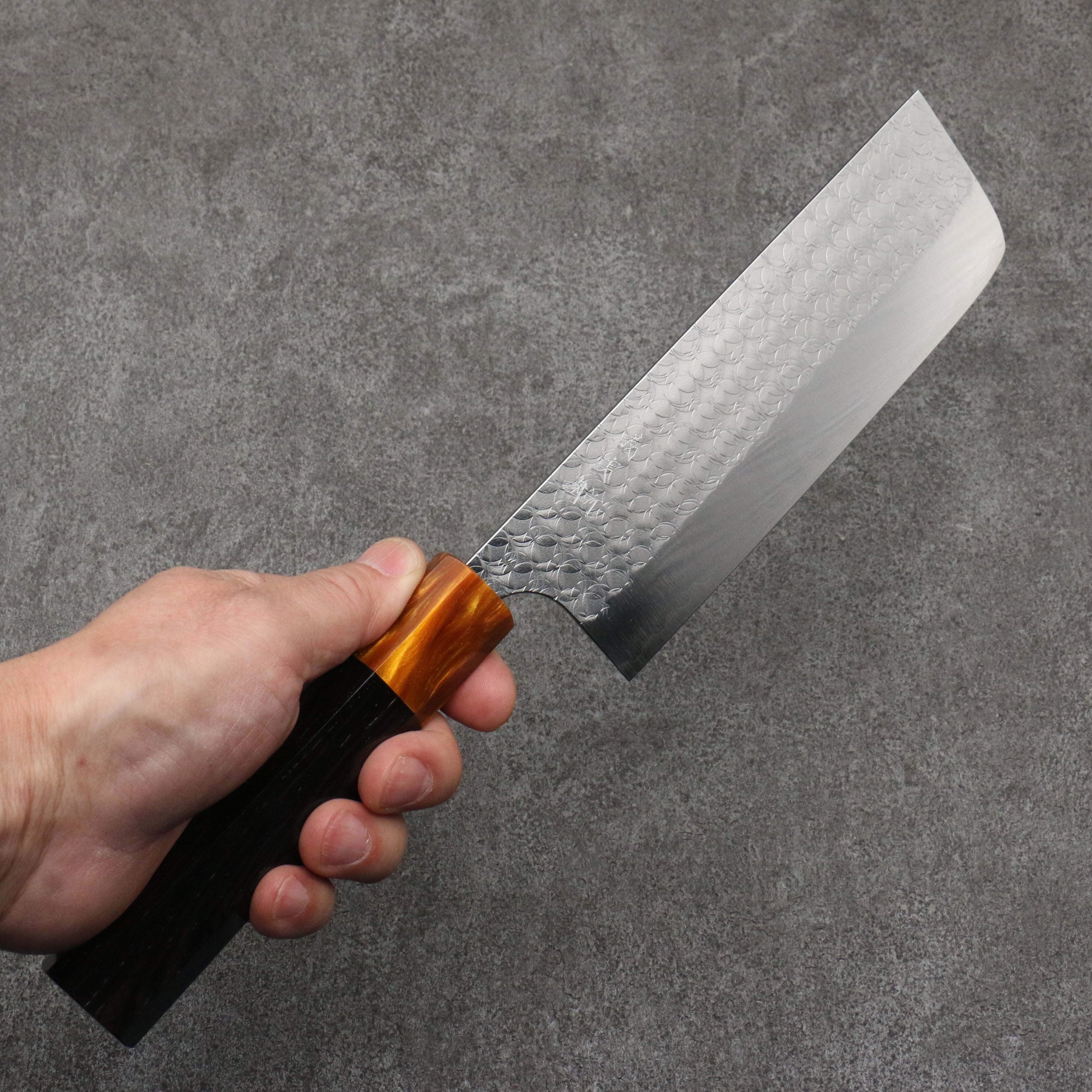 Yoshimi Kato Minamo SG2 Hammered Nakiri  165mm Shitan (ferrule: Orange Resin) Handle - Seisuke Knife