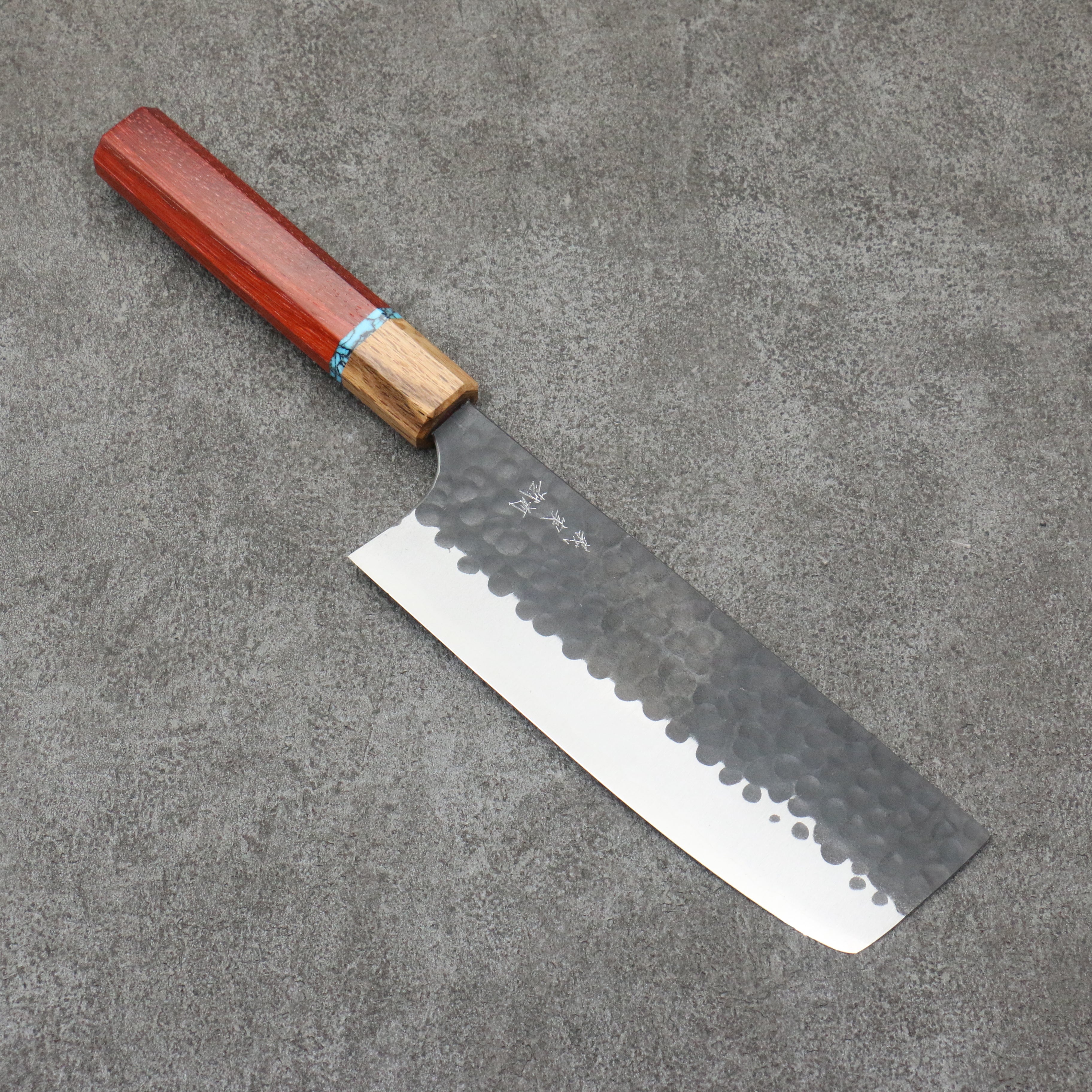 Yoshimi Kato Blue Super Hammered Black Finished Nakiri 165mm Padoauk & Turquoise Handle - Seisuke Knife