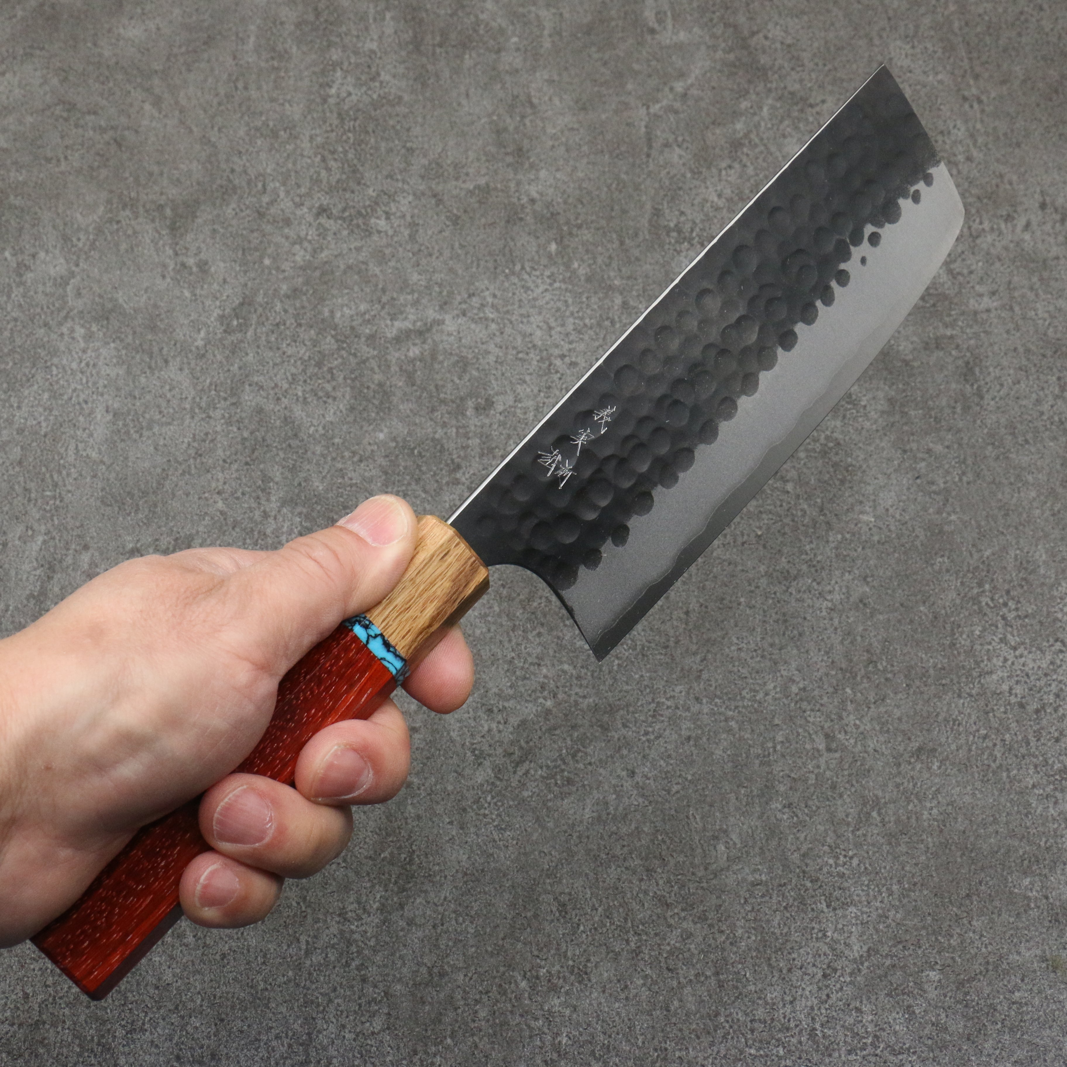 Yoshimi Kato Blue Super Hammered Black Finished Nakiri 165mm Padoauk & Turquoise Handle - Seisuke Knife