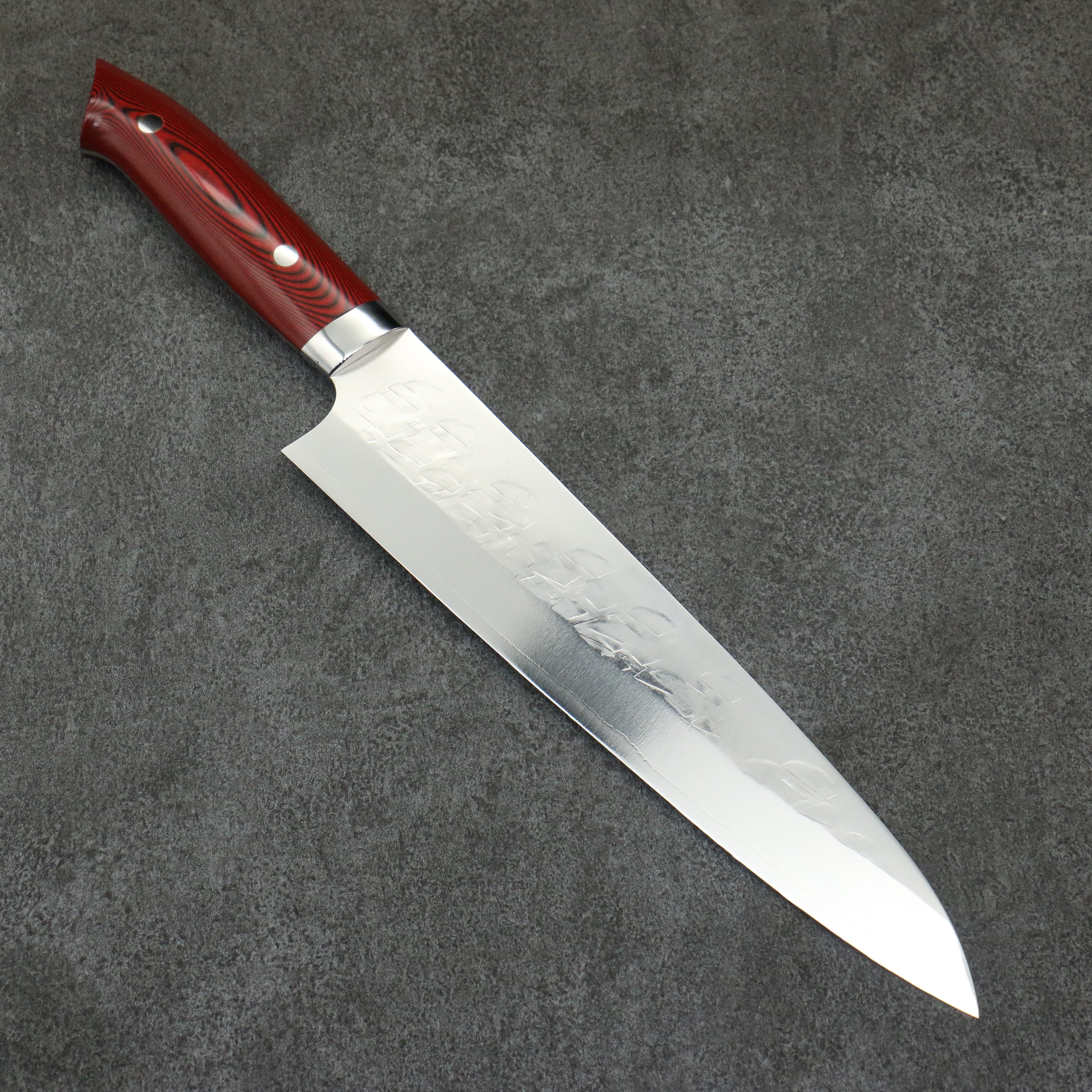 Takeshi Saji New Nomura Style SRS13 Hammered Gyuto  240mm Red and Black Micarta Handle - Seisuke Knife
