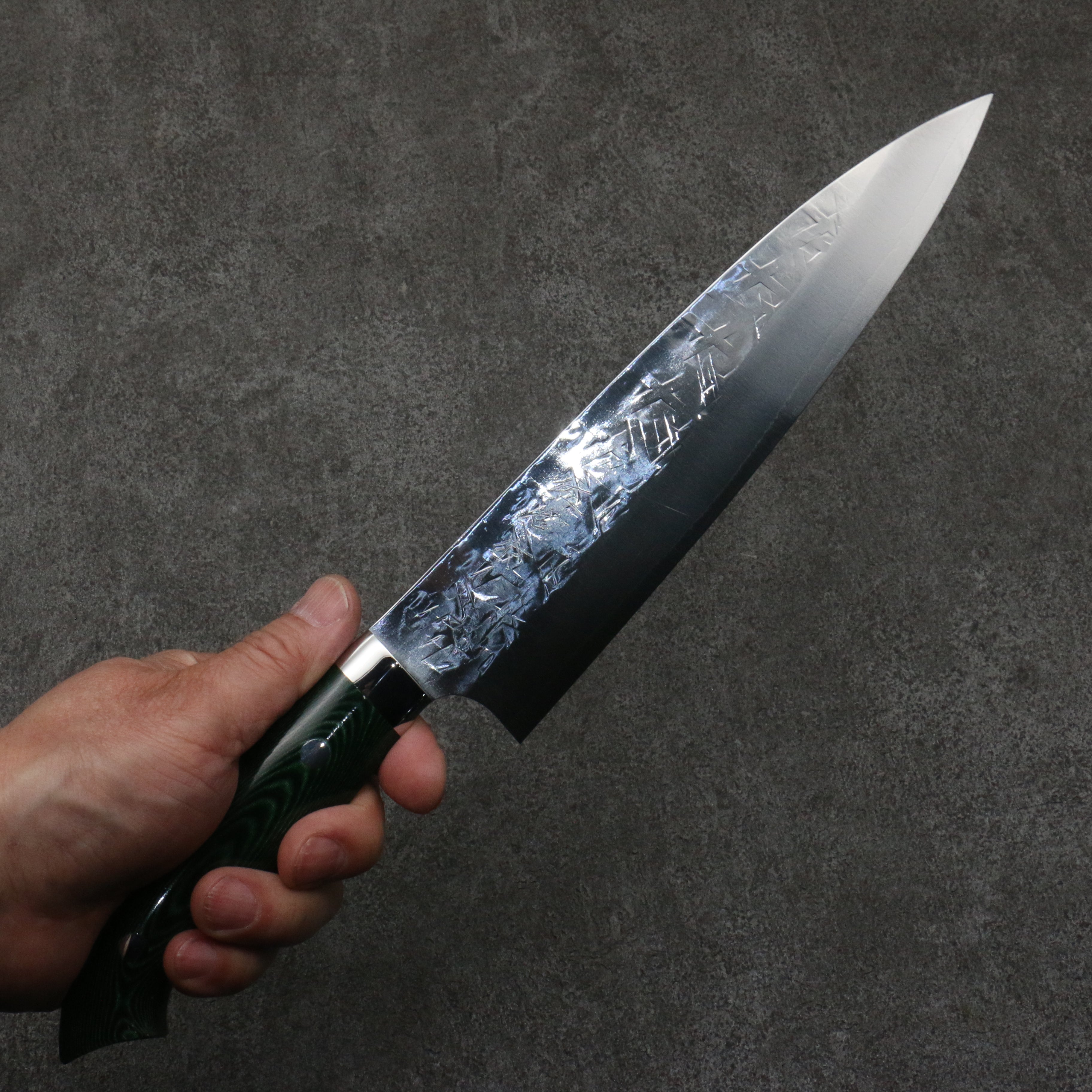 Takeshi Saji New Nomura Style SRS13 Hammered Gyuto  210mm Green Micarta Handle - Seisuke Knife