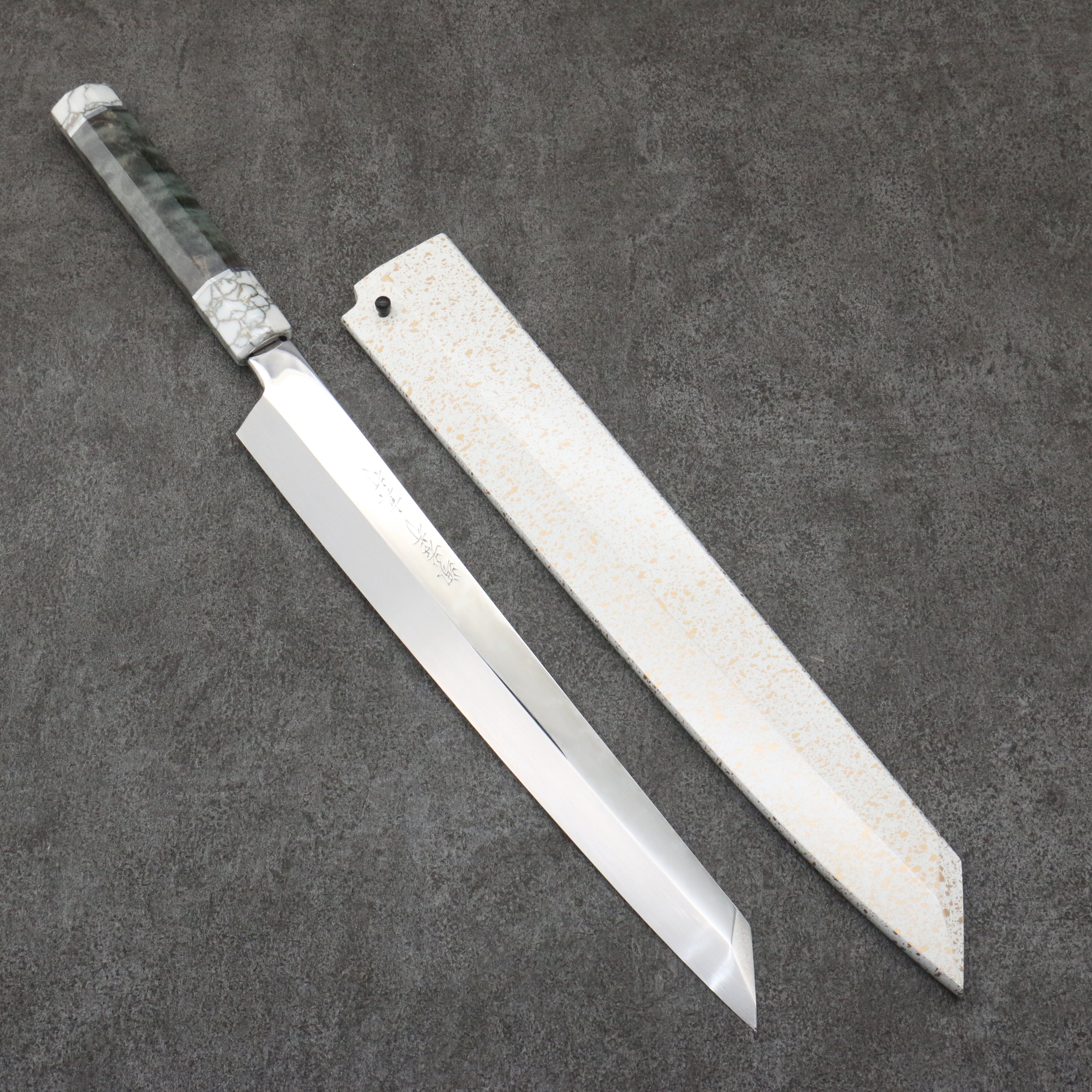 Sakai Takayuki Hien White Steel No.2 Honyaki Kiritsuke Yanagiba  300mm Stabilized wood (White Ferrule and End Cap) Handle with Sheath - Seisuke Knife