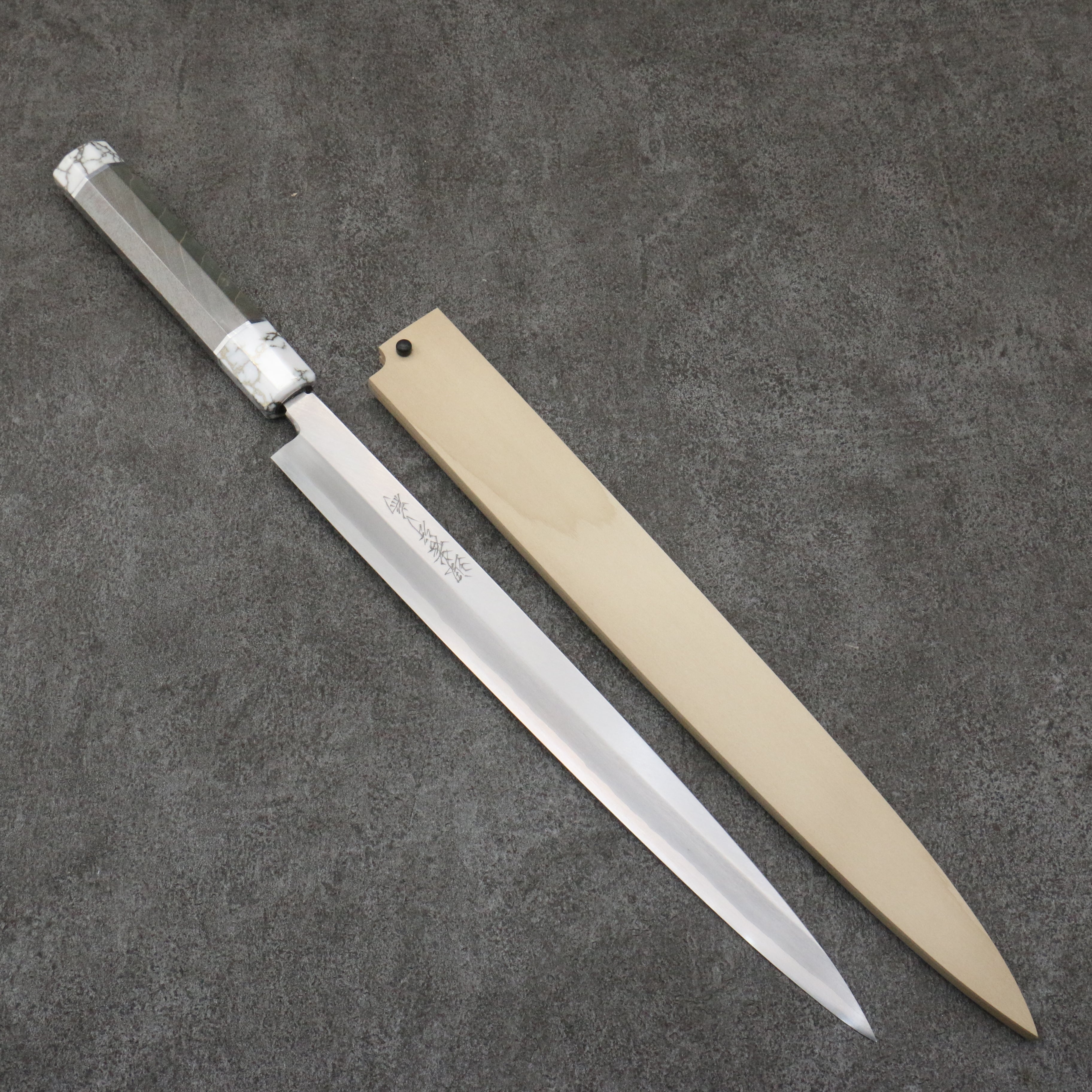 Sakai Takayuki Chef Series Silver Steel No.3 Fuguhiki  300mm Stabilized wood (White Ferrule and End Cap) Handle with Sheath - Seisuke Knife