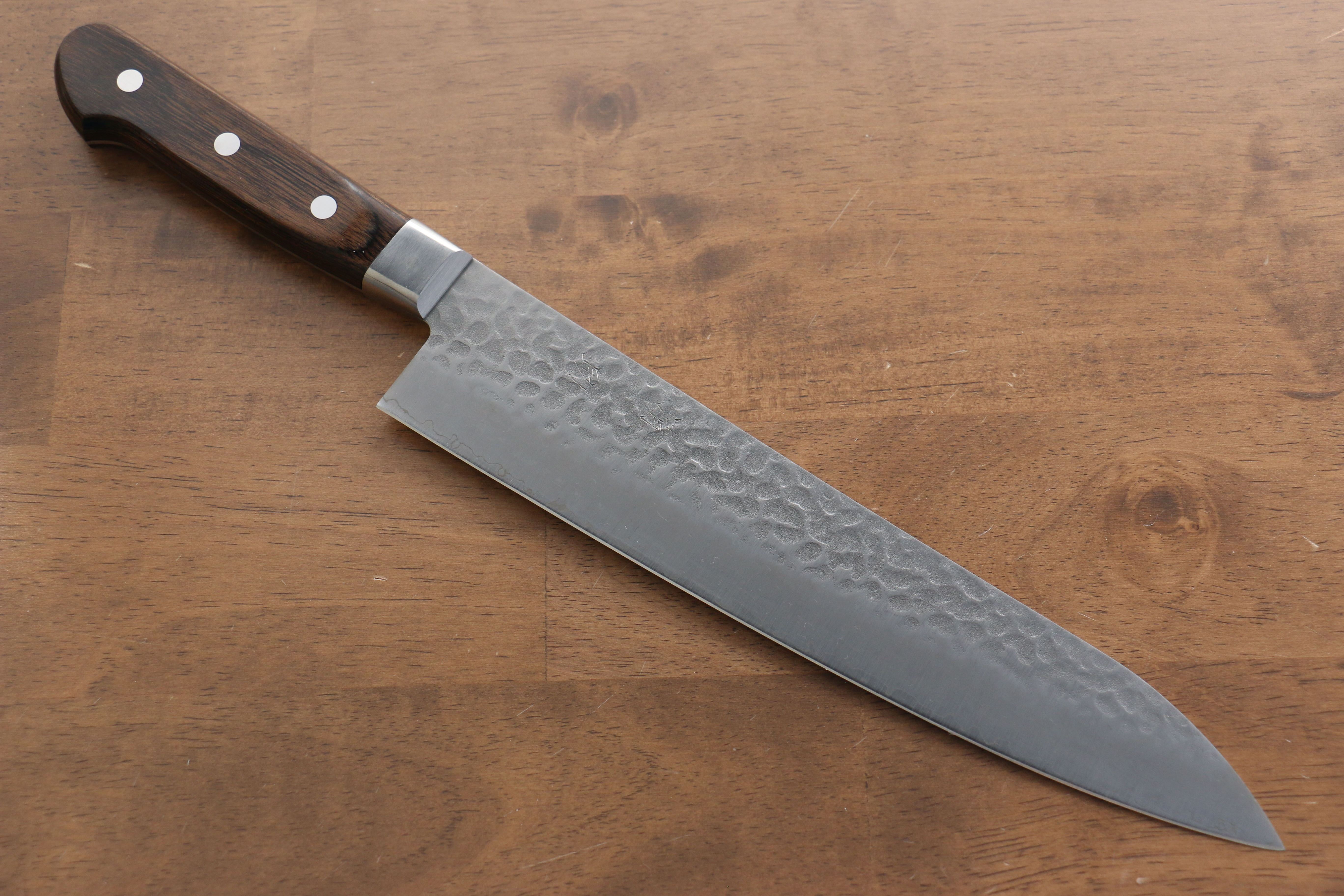 Seisuke AUS8 Hammered Gyuto 240mm Brown Pakkawood Handle - Seisuke Knife