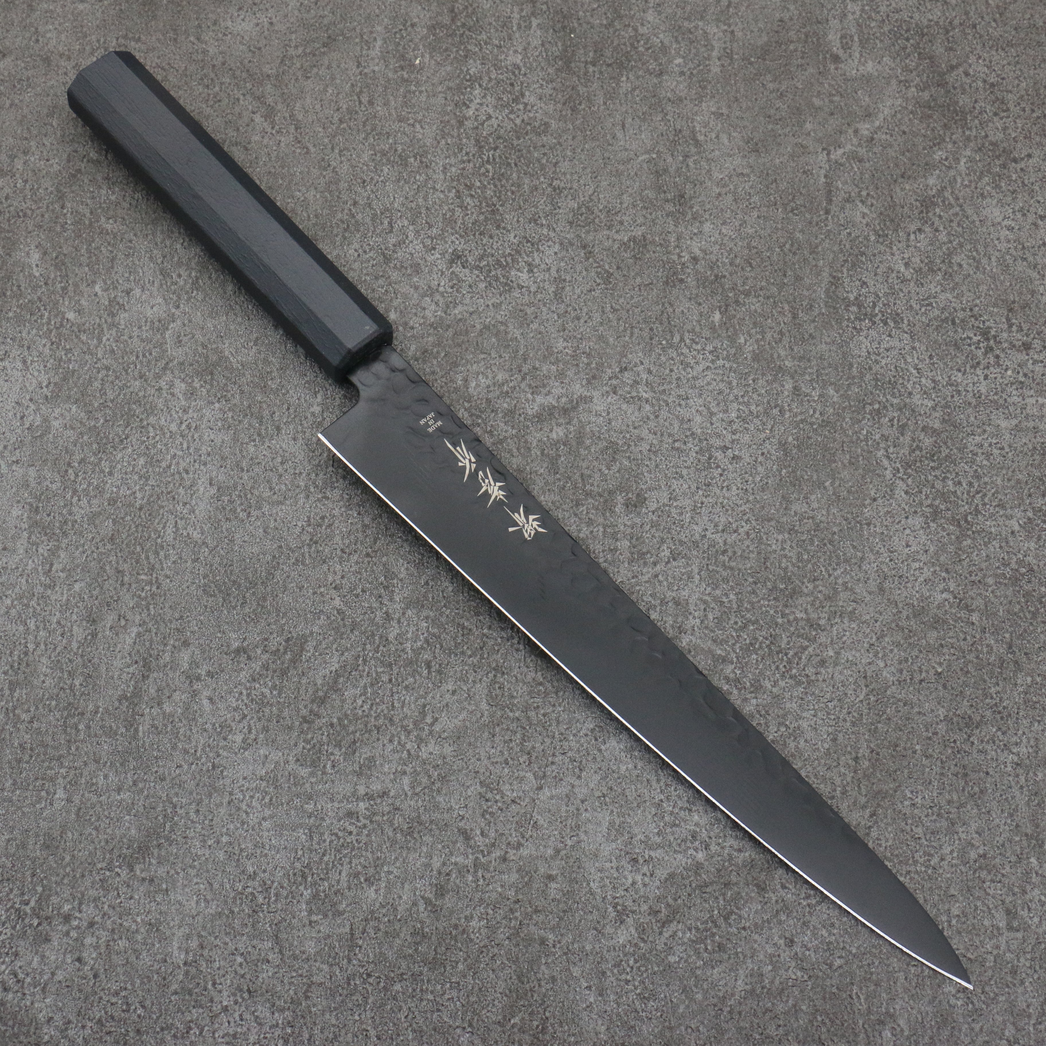 Sakai Takayuki Kurokage VG10 Hammered Teflon Coating Sujihiki  240mm Black Lacquered Handle - Seisuke Knife