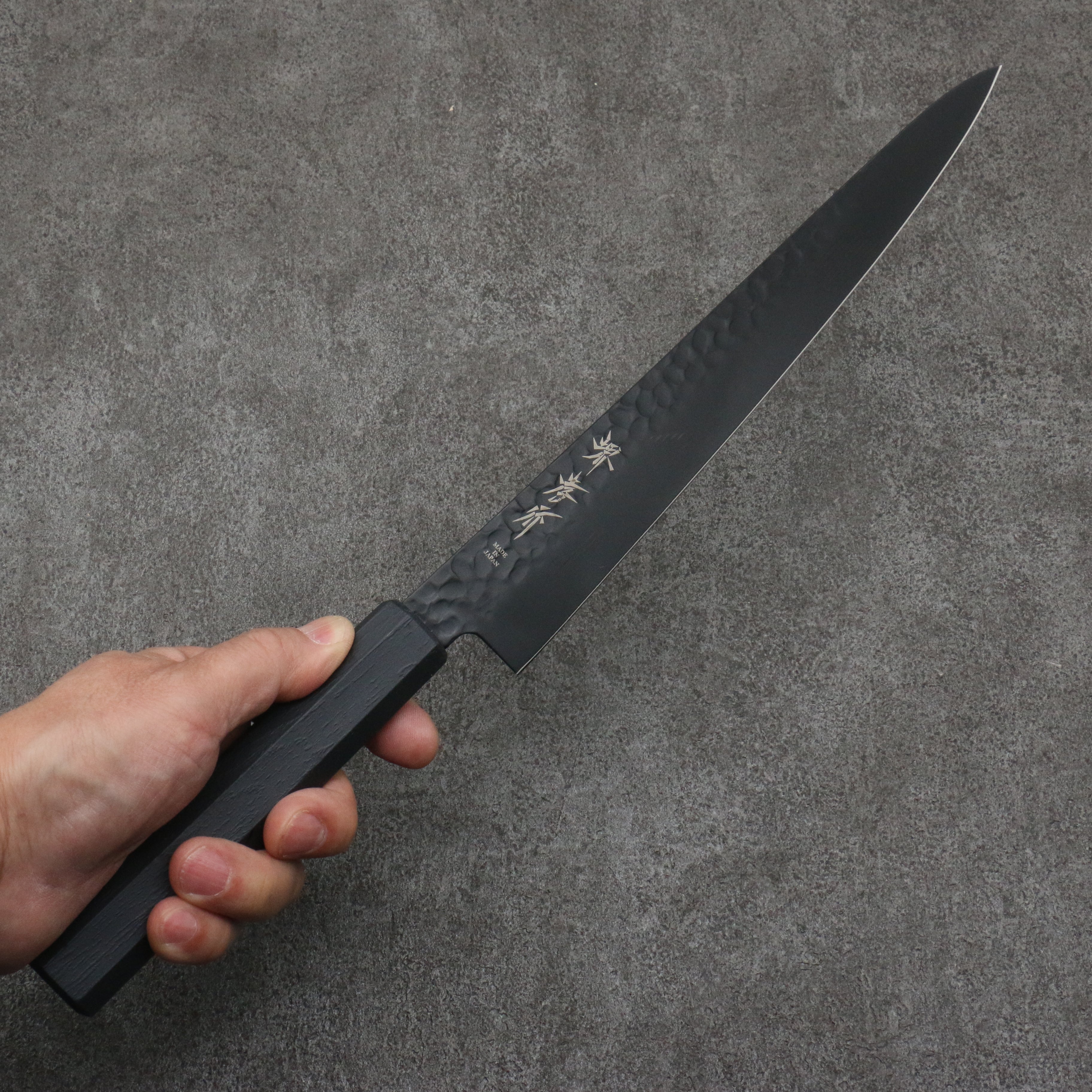 Sakai Takayuki Kurokage VG10 Hammered Teflon Coating Sujihiki  240mm Black Lacquered Handle - Seisuke Knife