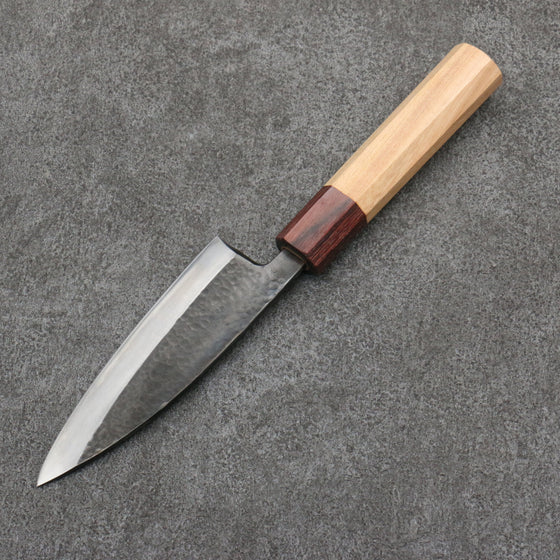 Fukube Shinbu Magomitsu Blue Steel No.2 Hammered Black Finished Deba  120mm Keyaki (Japanese Elm) Handle - Seisuke Knife