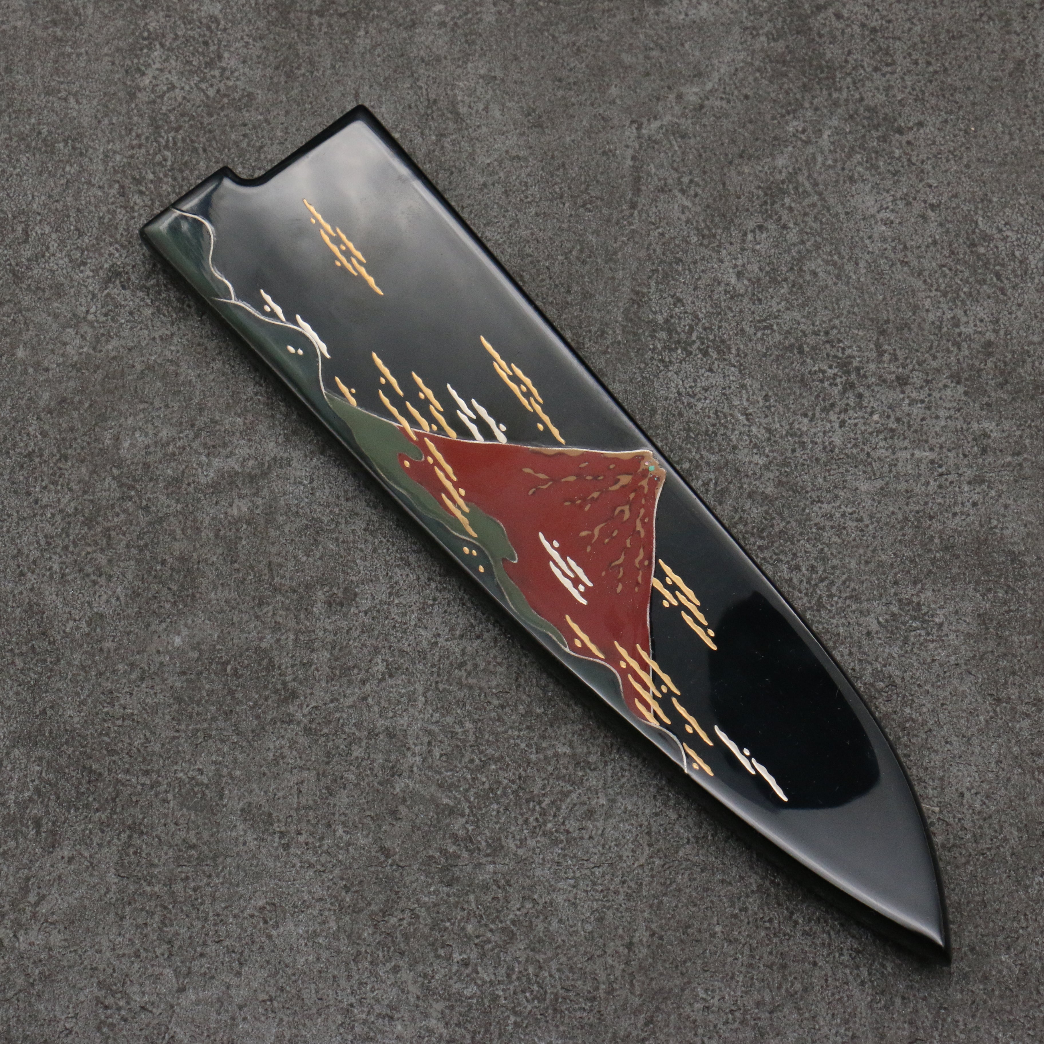 Takeshi Saji Maki-e Art Red Fuji Sheath Blue Steel No.2 Colored Damascus Gyuto  210mm Maki-e Art Handle with Sheath - Seisuke Knife