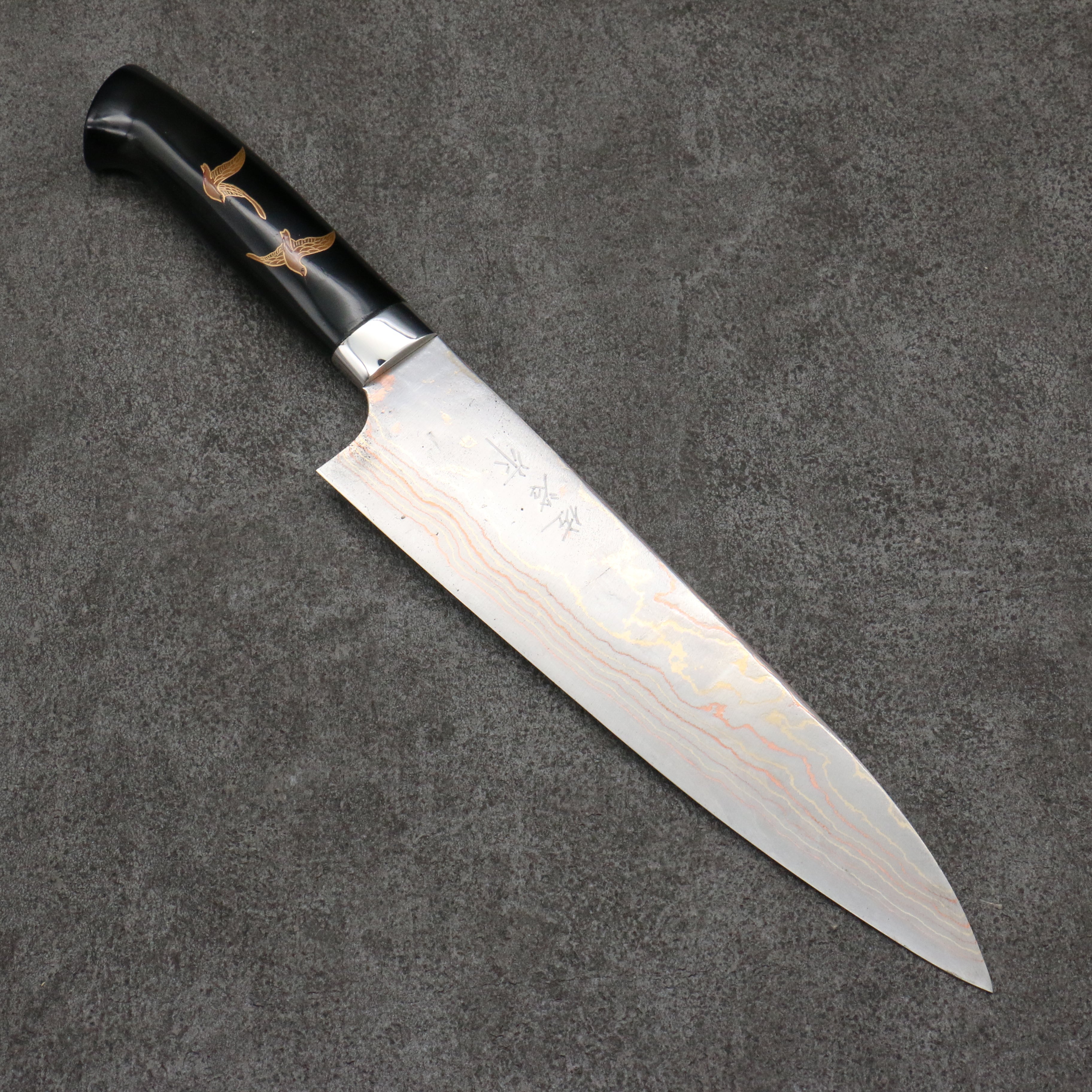 Takeshi Saji Maki-e Art Fuji and Waves Sheath Blue Steel No.2 Colored Damascus Gyuto  210mm Maki-e Art Handle with Sheath - Seisuke Knife