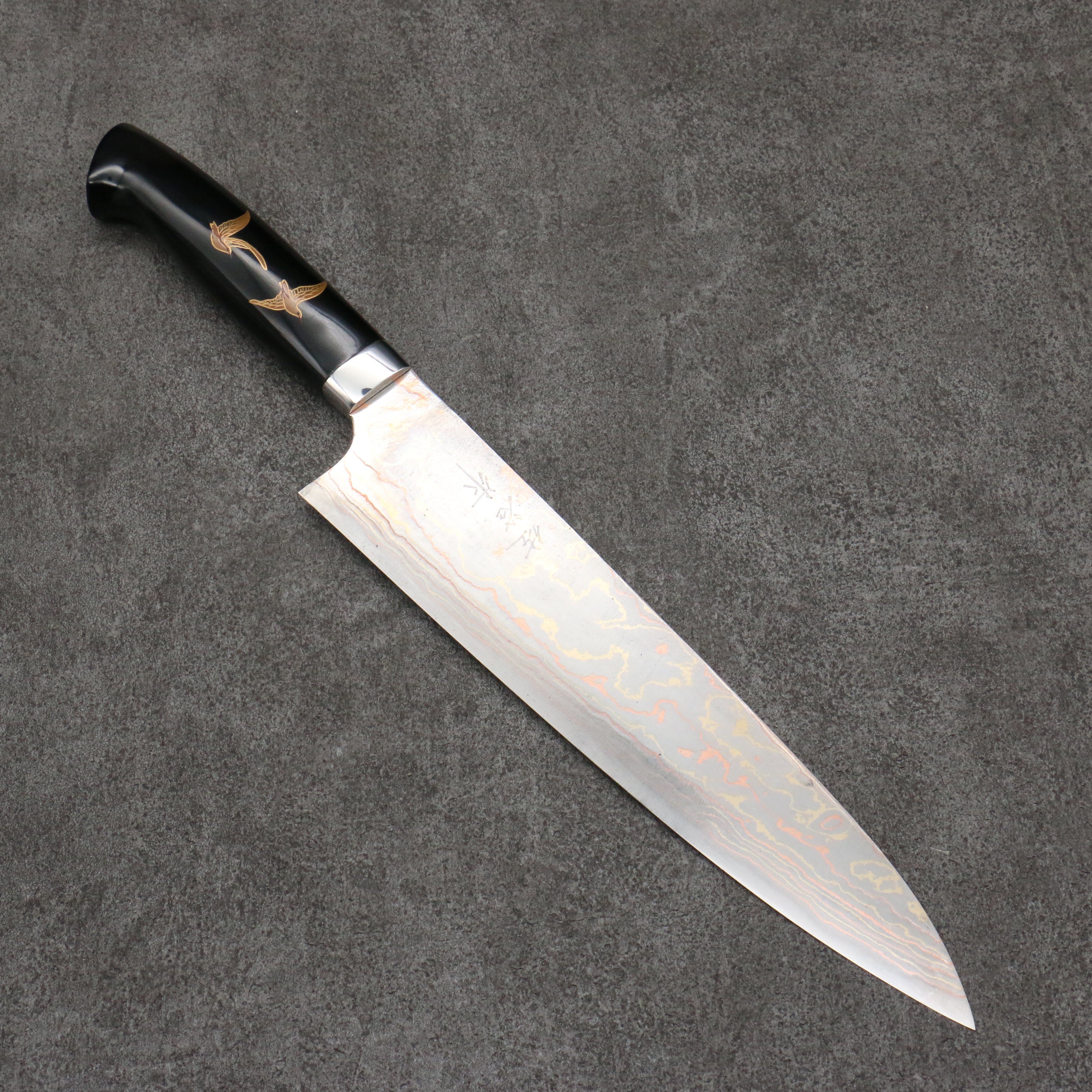 Takeshi Saji Maki-e Art Fuji and Waves Sheath Blue Steel No.2 Colored Damascus Gyuto  240mm Maki-e Art Handle with Sheath - Seisuke Knife