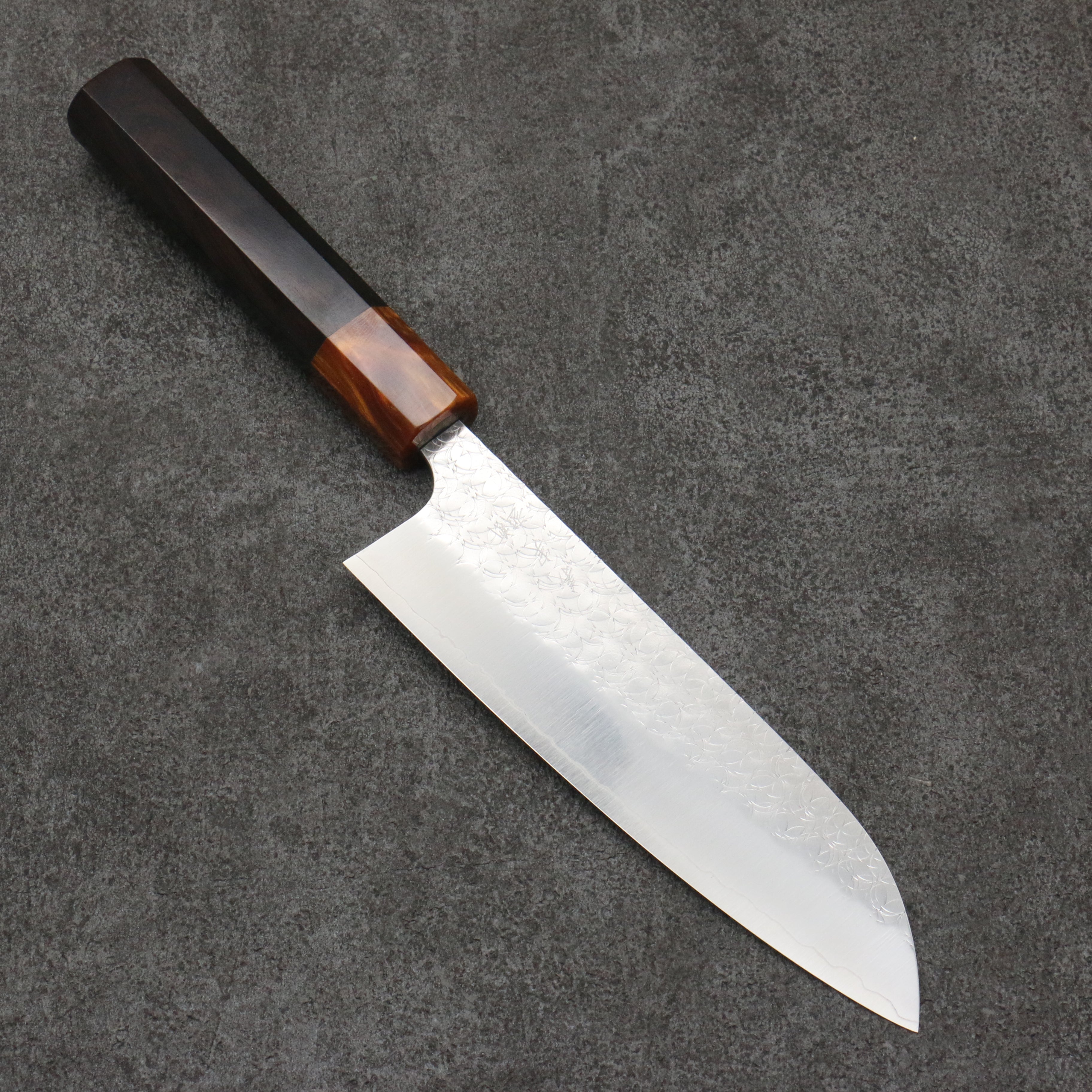 Yoshimi Kato Minamo SG2 Hammered Santoku 170mm Ebony (ferrule: Orange Resin) Handle - Seisuke Knife