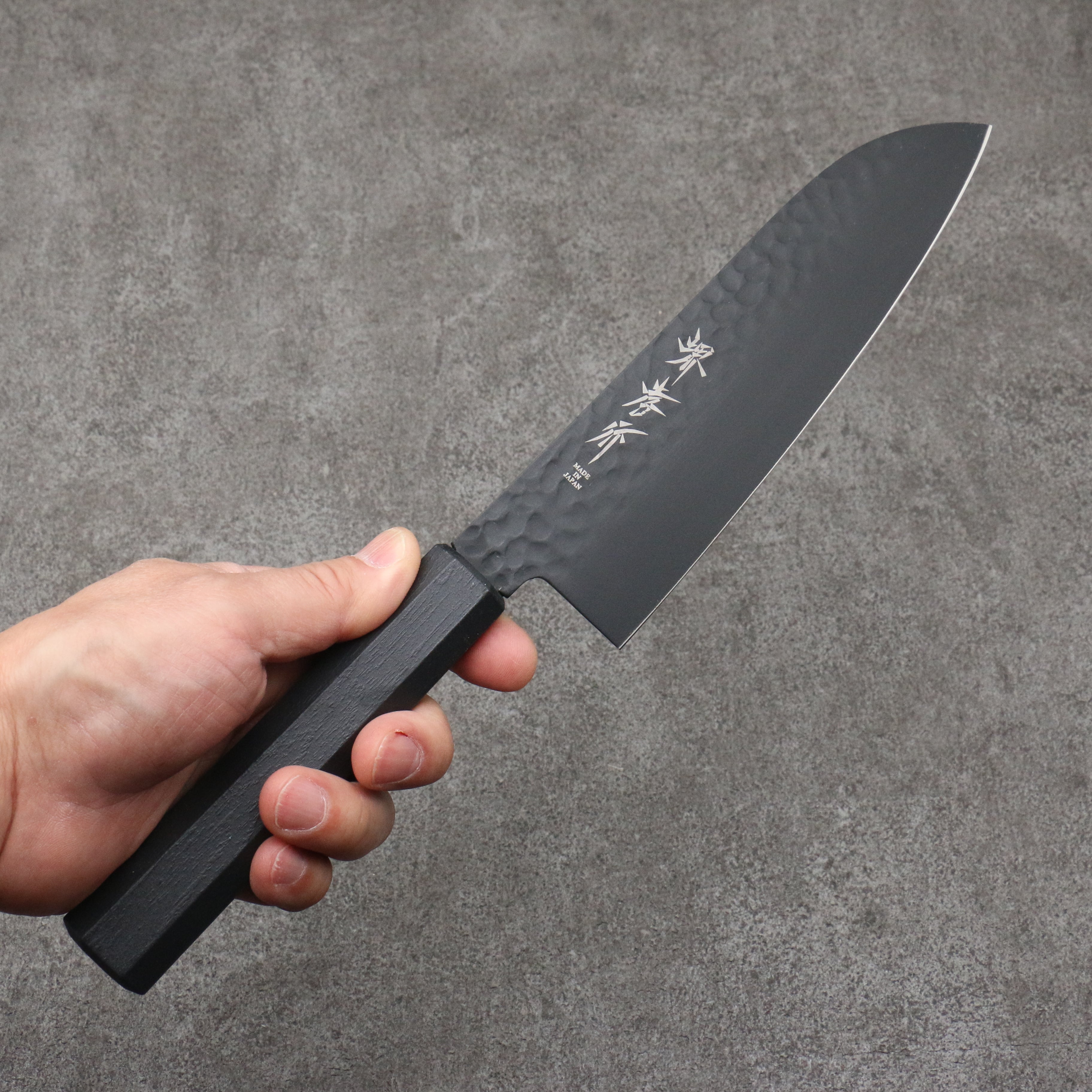 Sakai Takayuki Kurokage VG10 Hammered Teflon Coating Santoku  170mm Black Lacquered Handle - Seisuke Knife