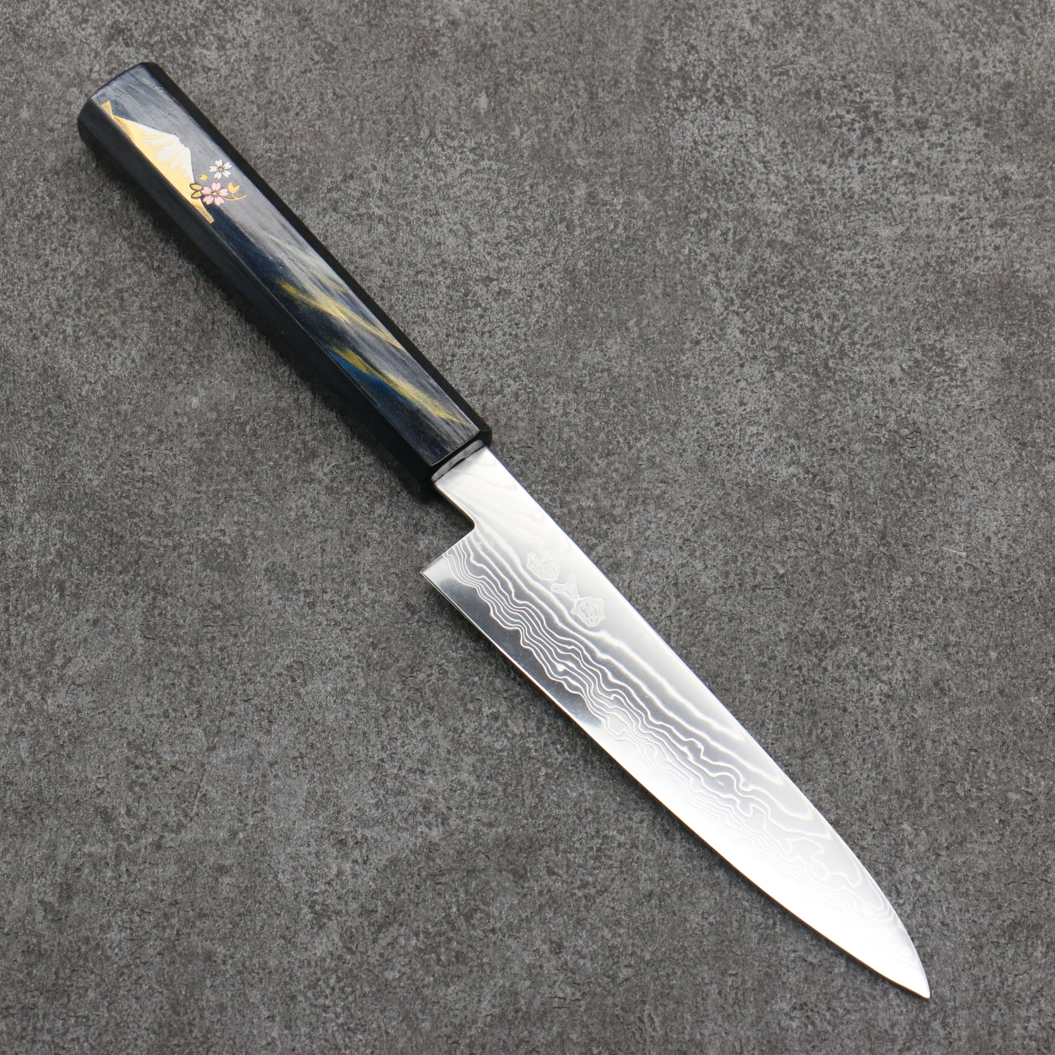 Kajin Cobalt Special Steel Damascus Petty-Utility  135mm Dark Blue and Gold with Fuji Lacquered Handle - Seisuke Knife