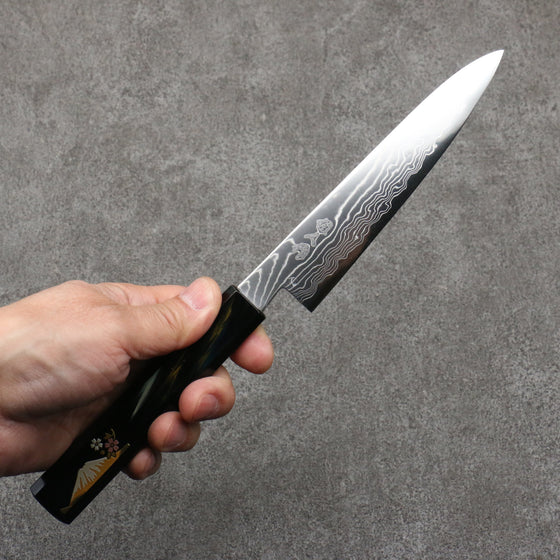 Kajin Cobalt Special Steel Damascus Petty-Utility  135mm Dark Blue and Gold with Fuji Lacquered Handle - Seisuke Knife