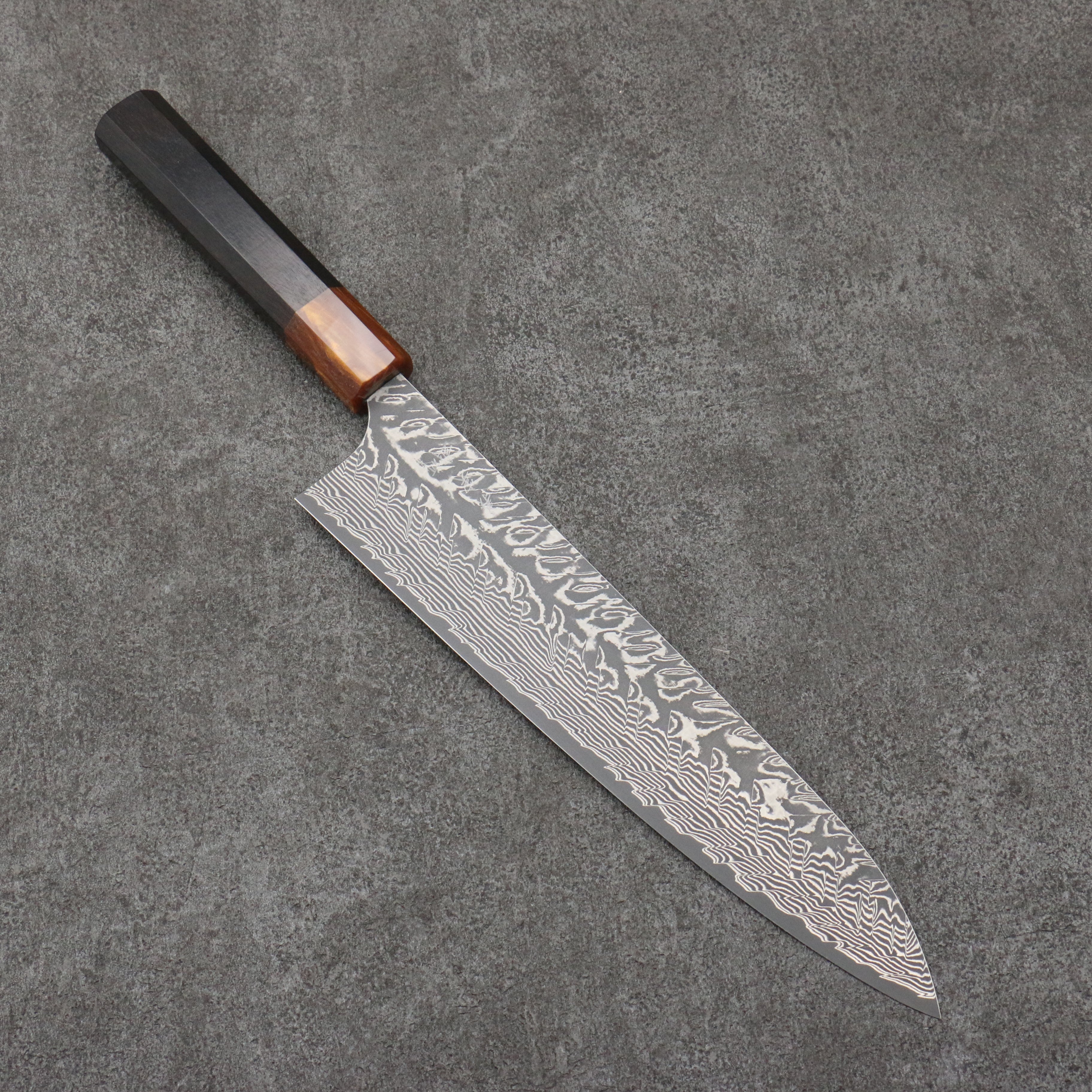 Yoshimi Kato SG2 Black Damascus Gyuto  240mm Ebony (ferrule: Orange Resin) Handle - Seisuke Knife