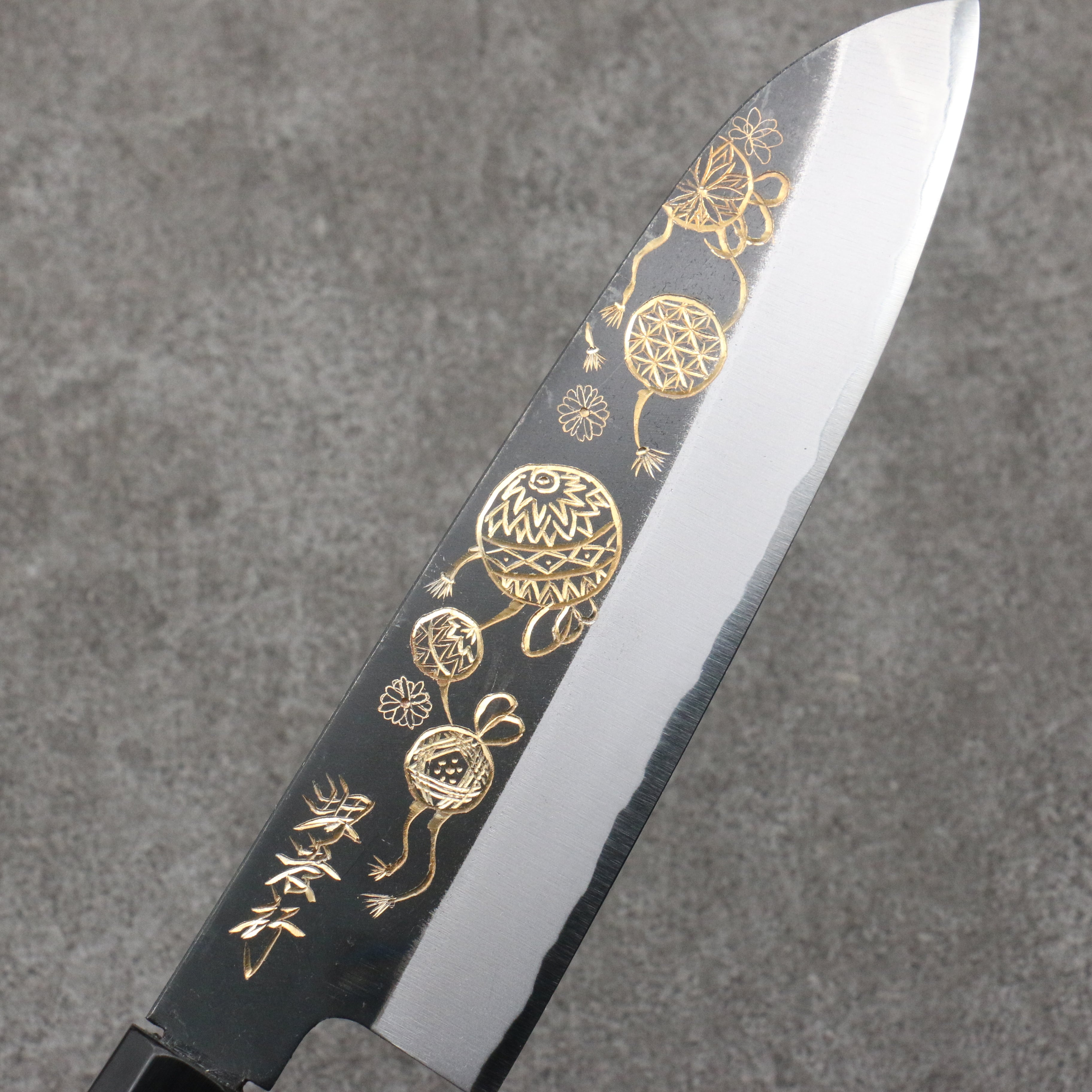 Sakai Takayuki Gold Filled Engraving by Kubota Temari White Steel No.2 Black Finished Santoku  180mm Ebony Wood Handle - Seisuke Knife