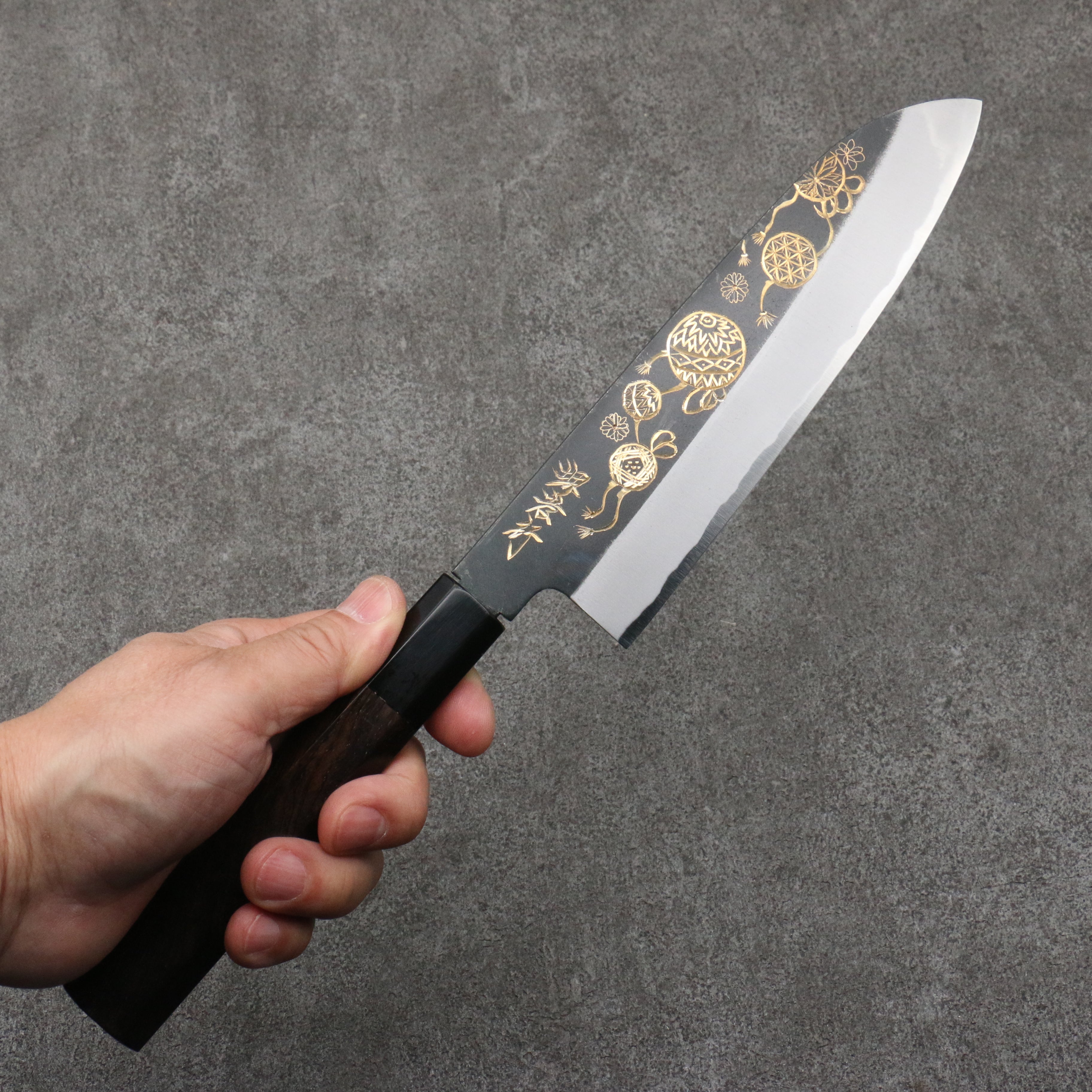 Sakai Takayuki Gold Filled Engraving by Kubota Temari White Steel No.2 Black Finished Santoku  180mm Ebony Wood Handle - Seisuke Knife