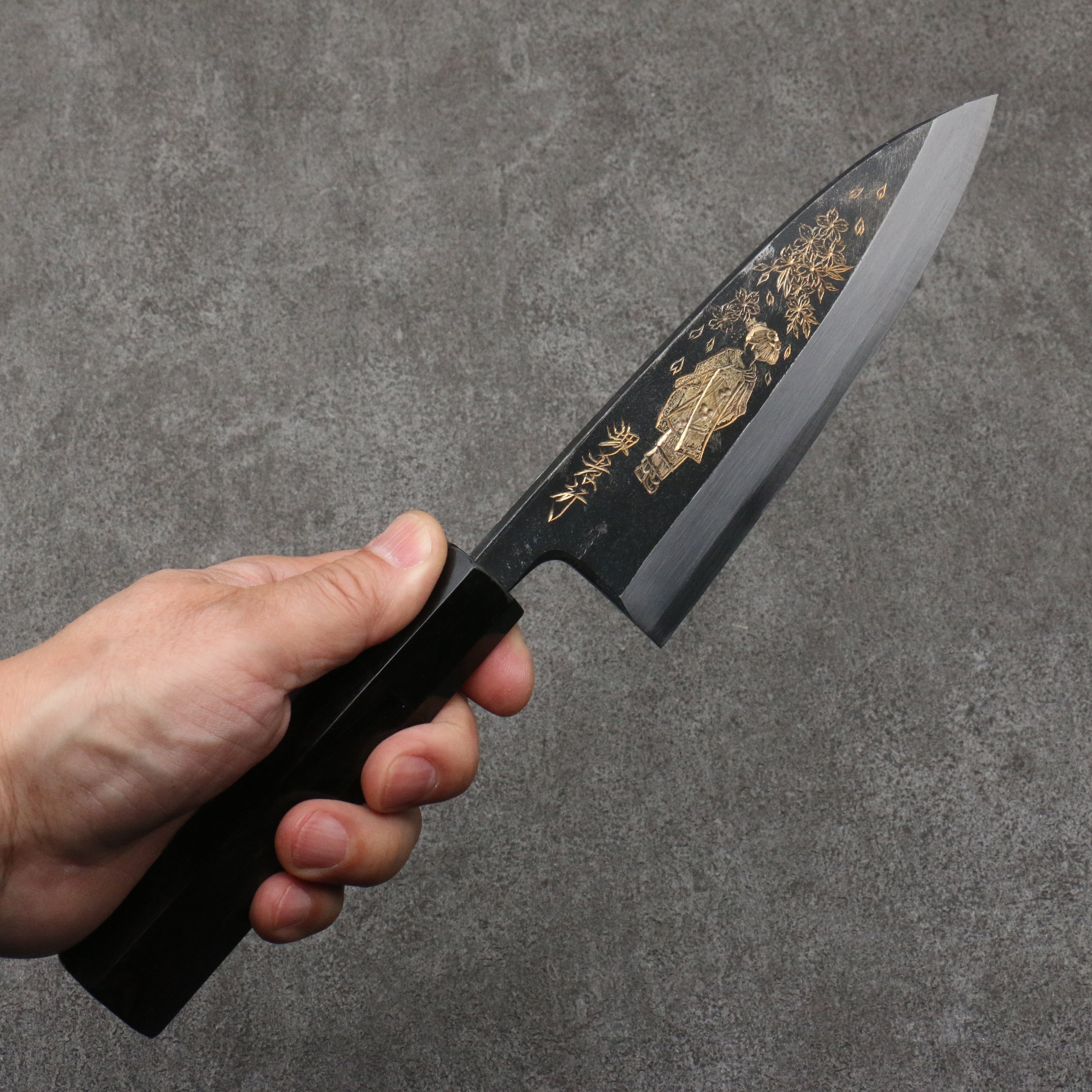 Sakai Takayuki Gold Filled Engraving by Kubota Maiko and Sakura White Steel No.2 Black Finished Deba  150mm Ebony Wood Handle - Seisuke Knife