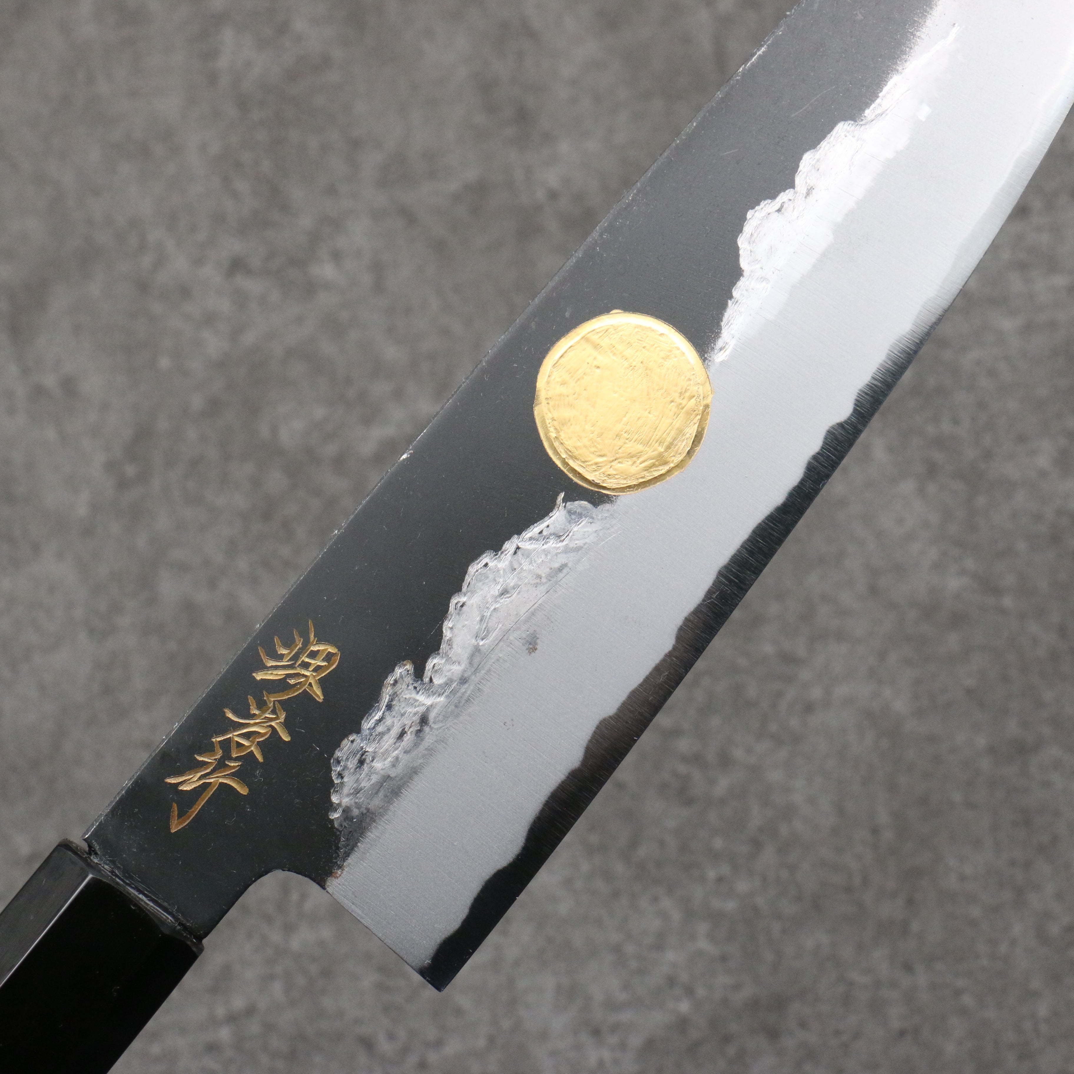 Sakai Takayuki Gold Filled Engraving by Kubota Jyurokuya White Steel No.2 Black Finished Santoku  180mm Ebony Wood Handle - Seisuke Knife