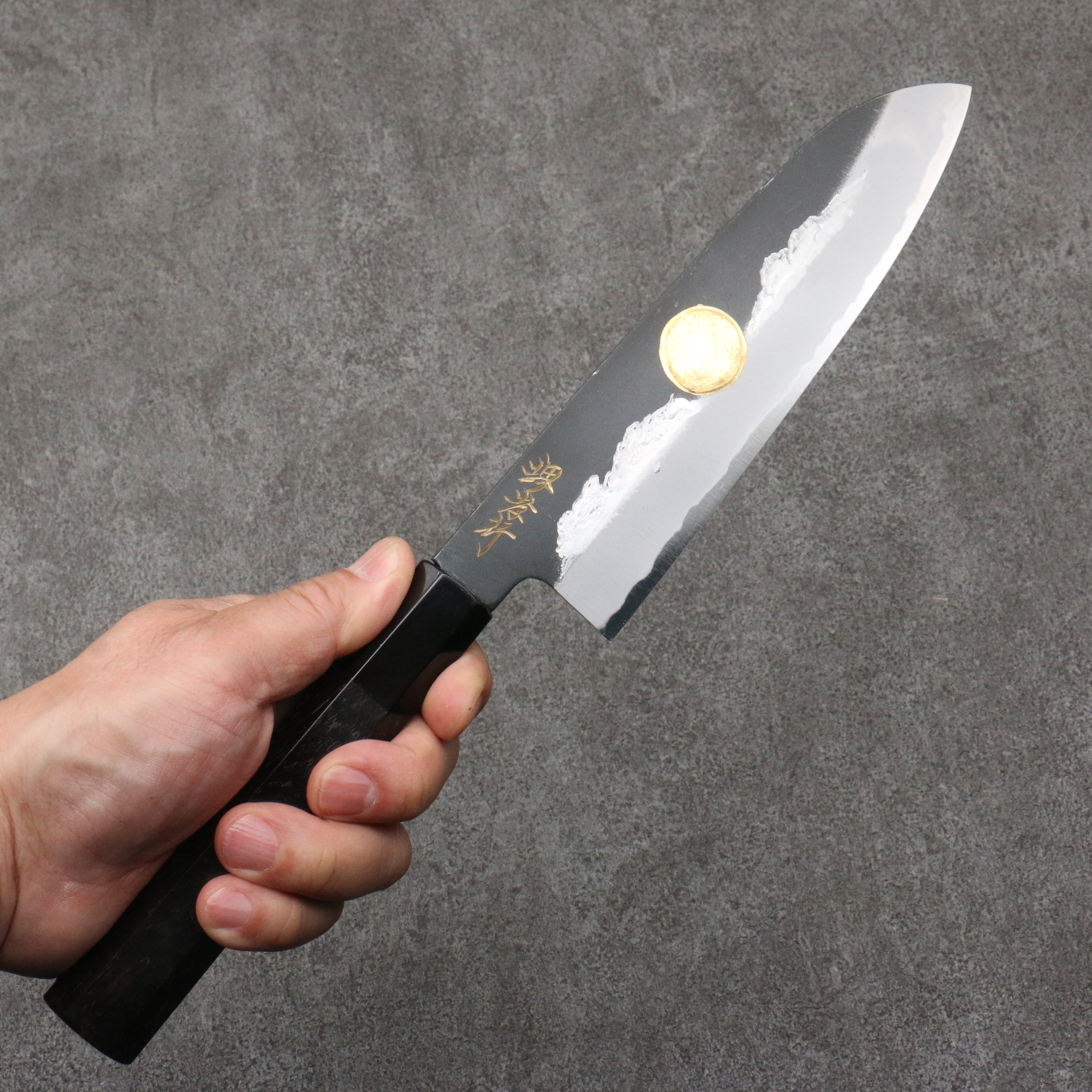 Sakai Takayuki Gold Filled Engraving by Kubota Jyurokuya White Steel No.2 Black Finished Santoku  180mm Ebony Wood Handle - Seisuke Knife