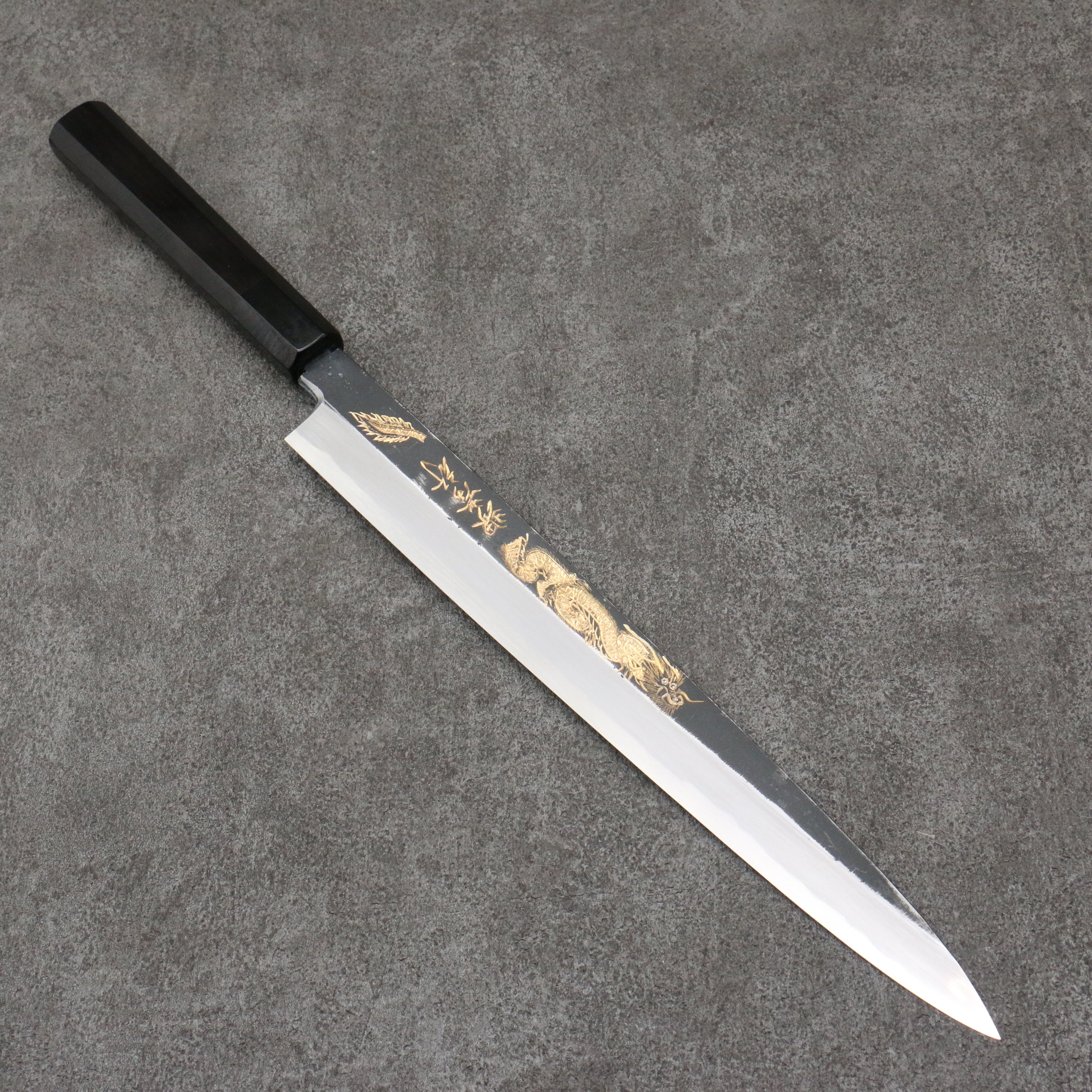 Sakai Takayuki Gold Filled Engraving by Kubota Shouryu White Steel No.2 Black Finished Yanagiba  300mm Ebony Wood Handle - Seisuke Knife