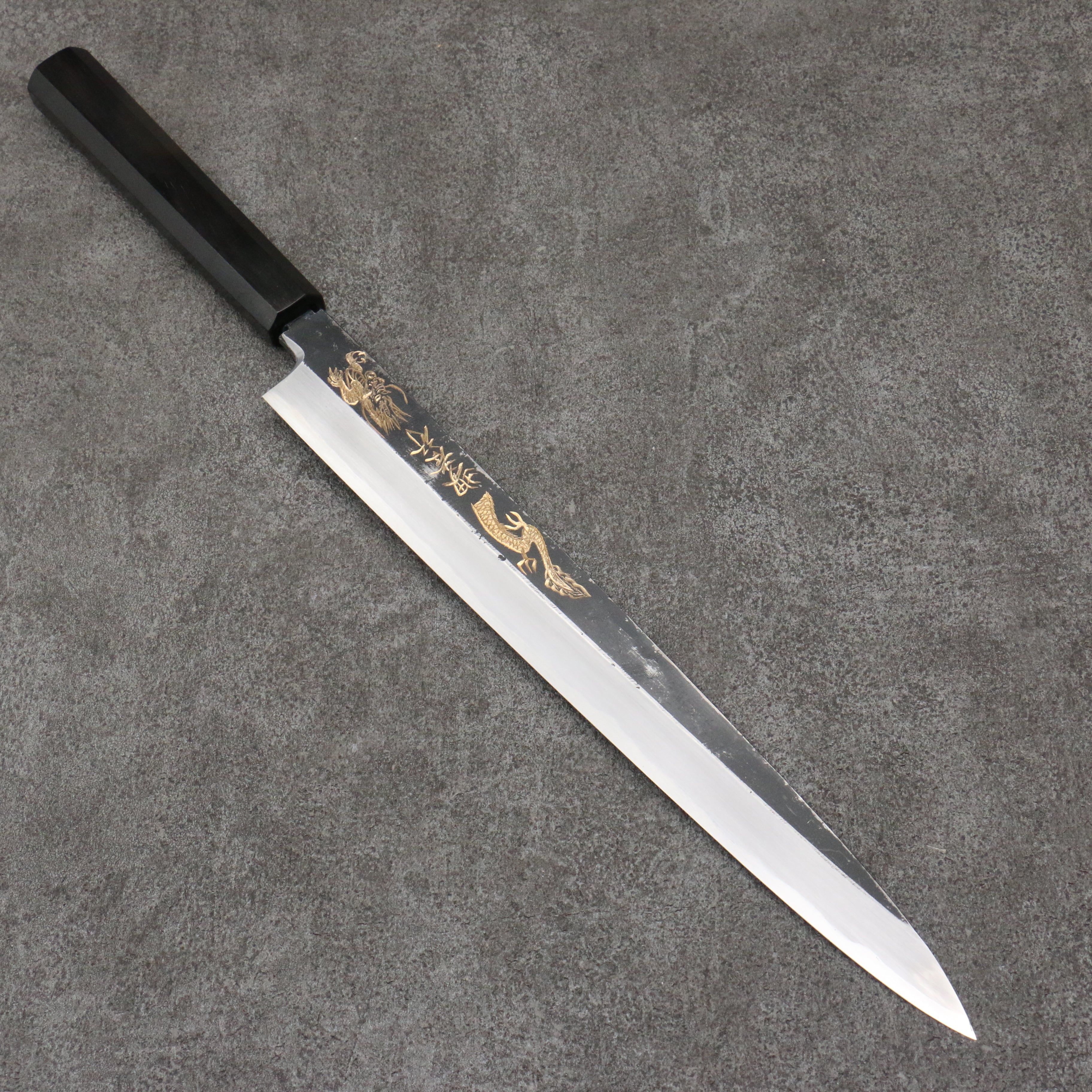 Sakai Takayuki Gold Filled Engraving by Kubota Kinryu White Steel No.2 Black Finished Yanagiba  300mm Ebony Wood Handle - Seisuke Knife