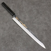  Sakai Takayuki Gold Filled Engraving by Kubota Kinryu White Steel No.2 Black Finished Yanagiba  300mm Ebony Wood Handle - Seisuke Knife