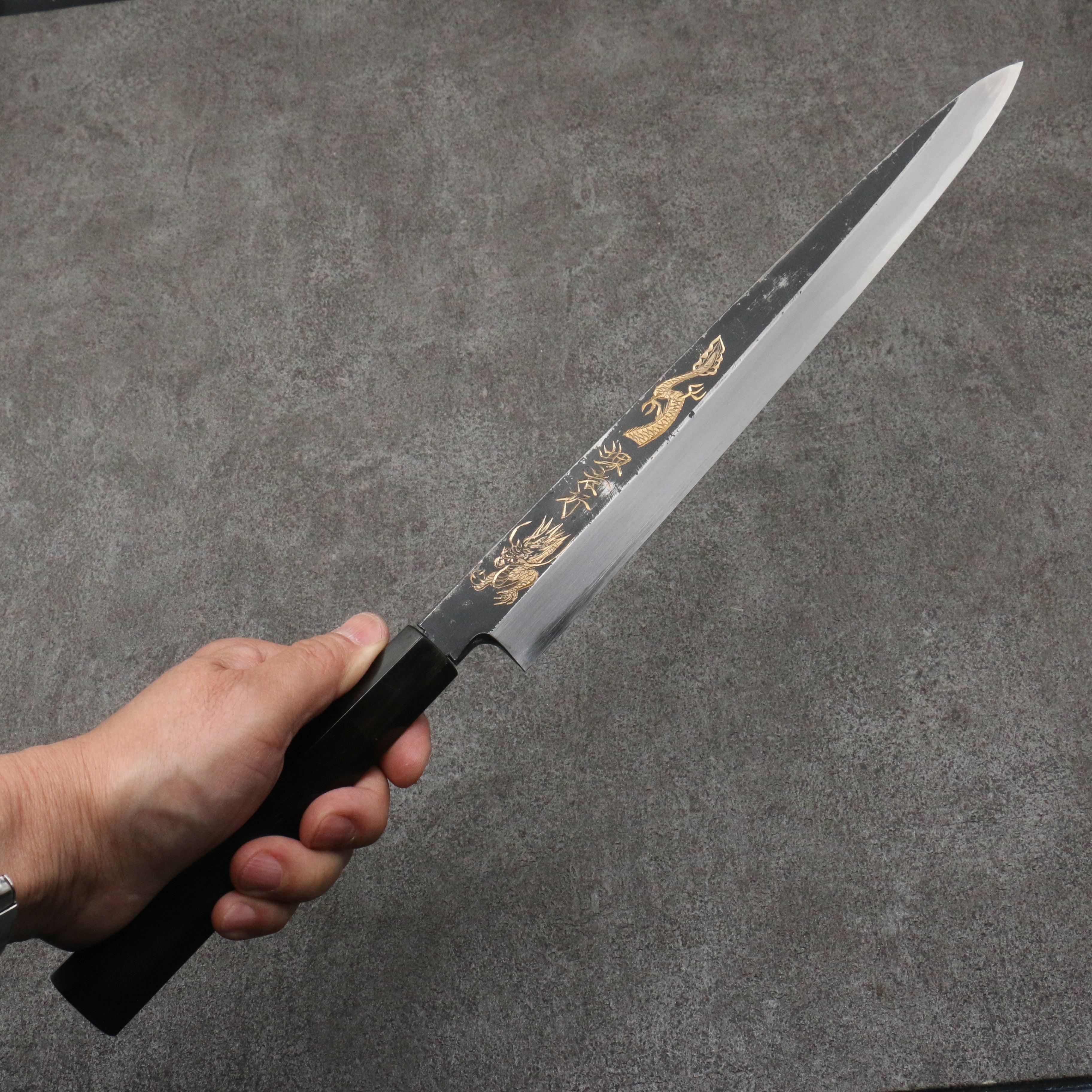 Sakai Takayuki Gold Filled Engraving by Kubota Kinryu White Steel No.2 Black Finished Yanagiba  300mm Ebony Wood Handle - Seisuke Knife