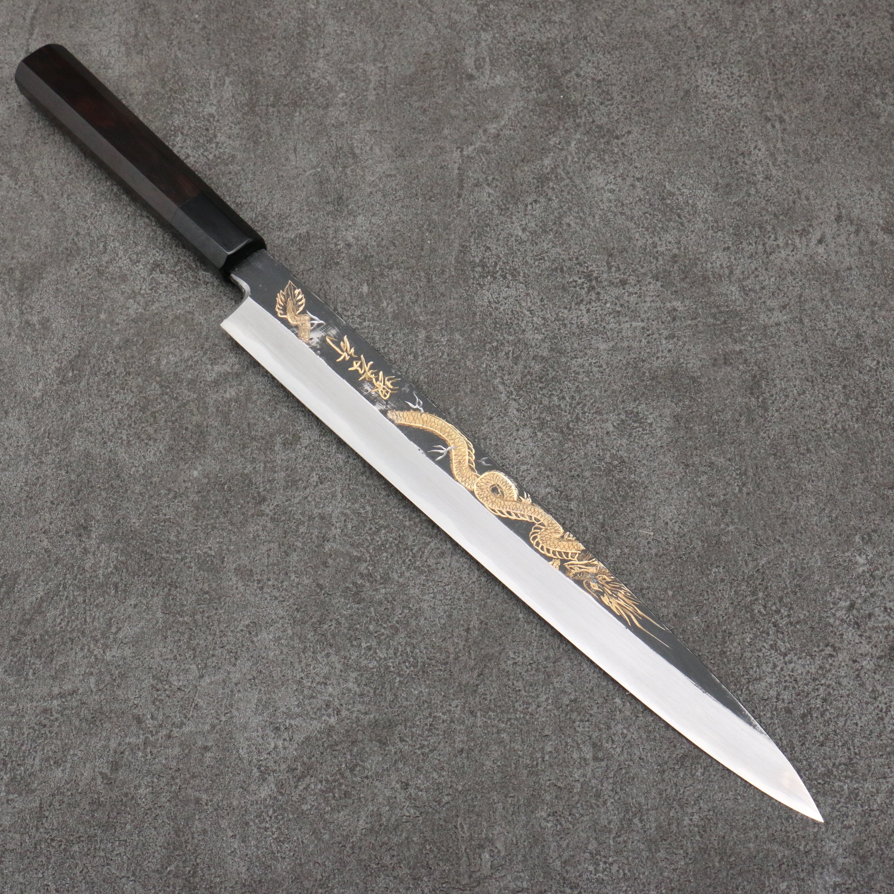 Sakai Takayuki Gold Filled Engraving by Kubota Tenryu White Steel No.2 Black Finished Yanagiba  300mm Ebony Wood Handle - Seisuke Knife