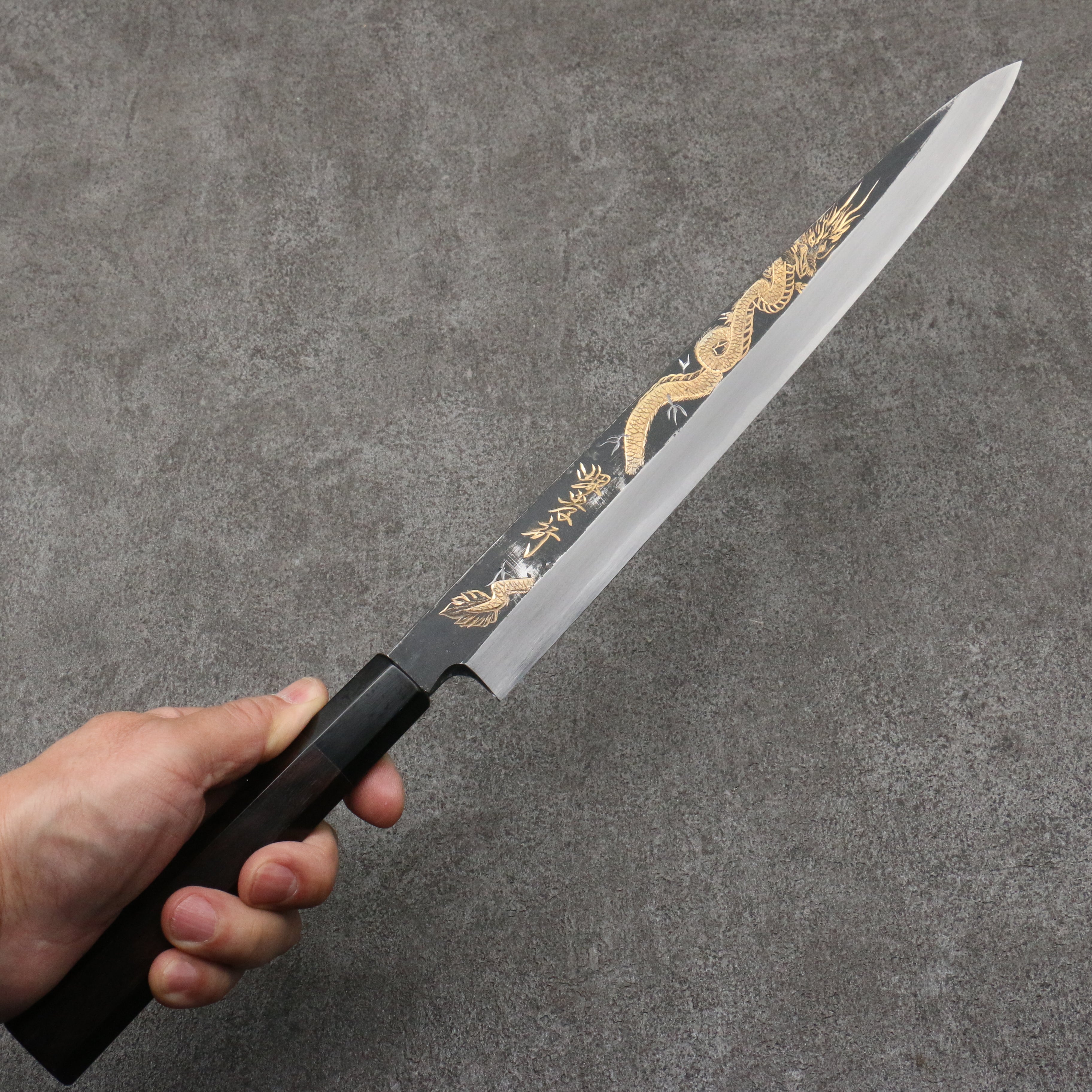 Sakai Takayuki Gold Filled Engraving by Kubota Tenryu White Steel No.2 Black Finished Yanagiba  300mm Ebony Wood Handle - Seisuke Knife