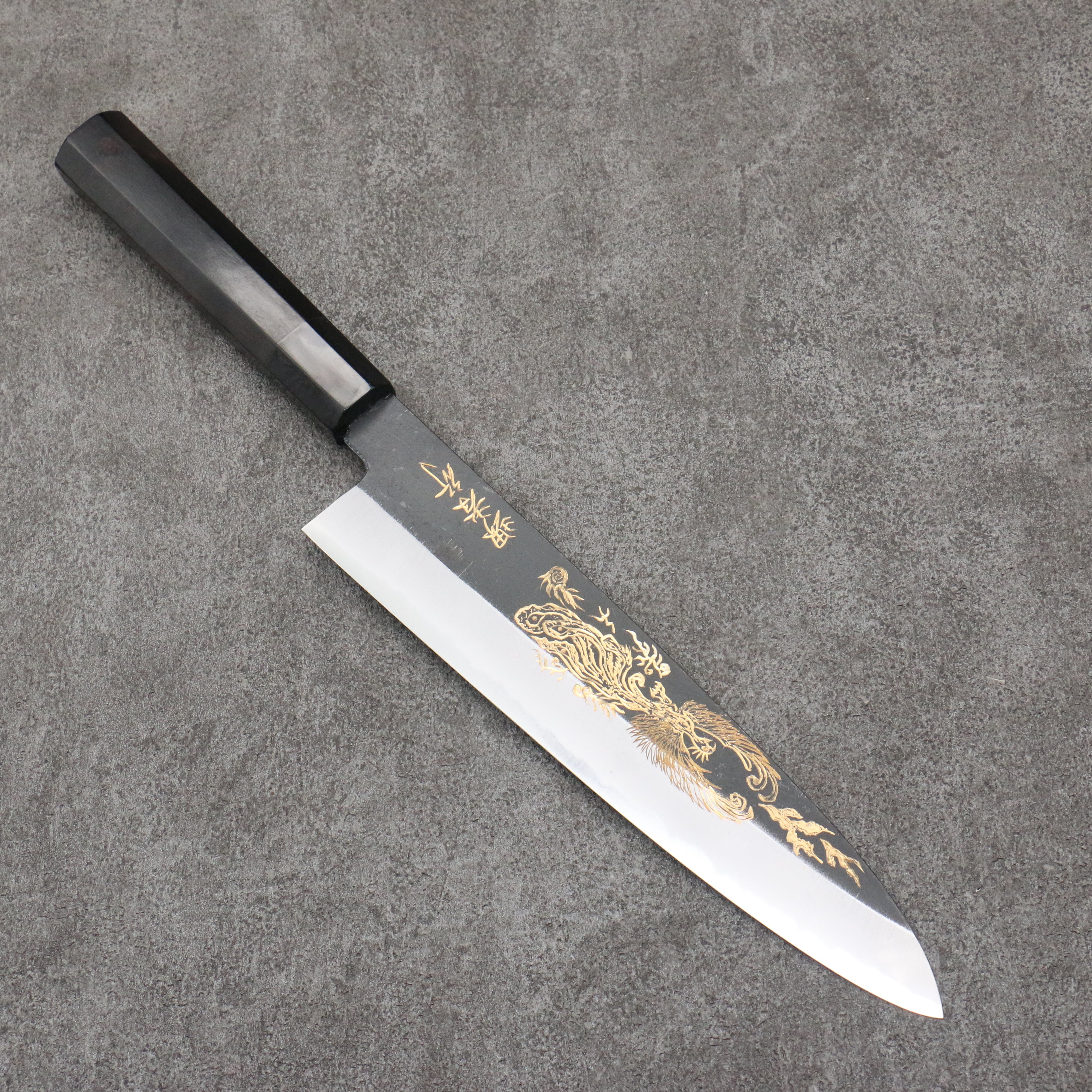 Sakai Takayuki Gold Filled Engraving by Kubota Houou White Steel No.2 Black Finished Gyuto  240mm Ebony Wood Handle - Seisuke Knife