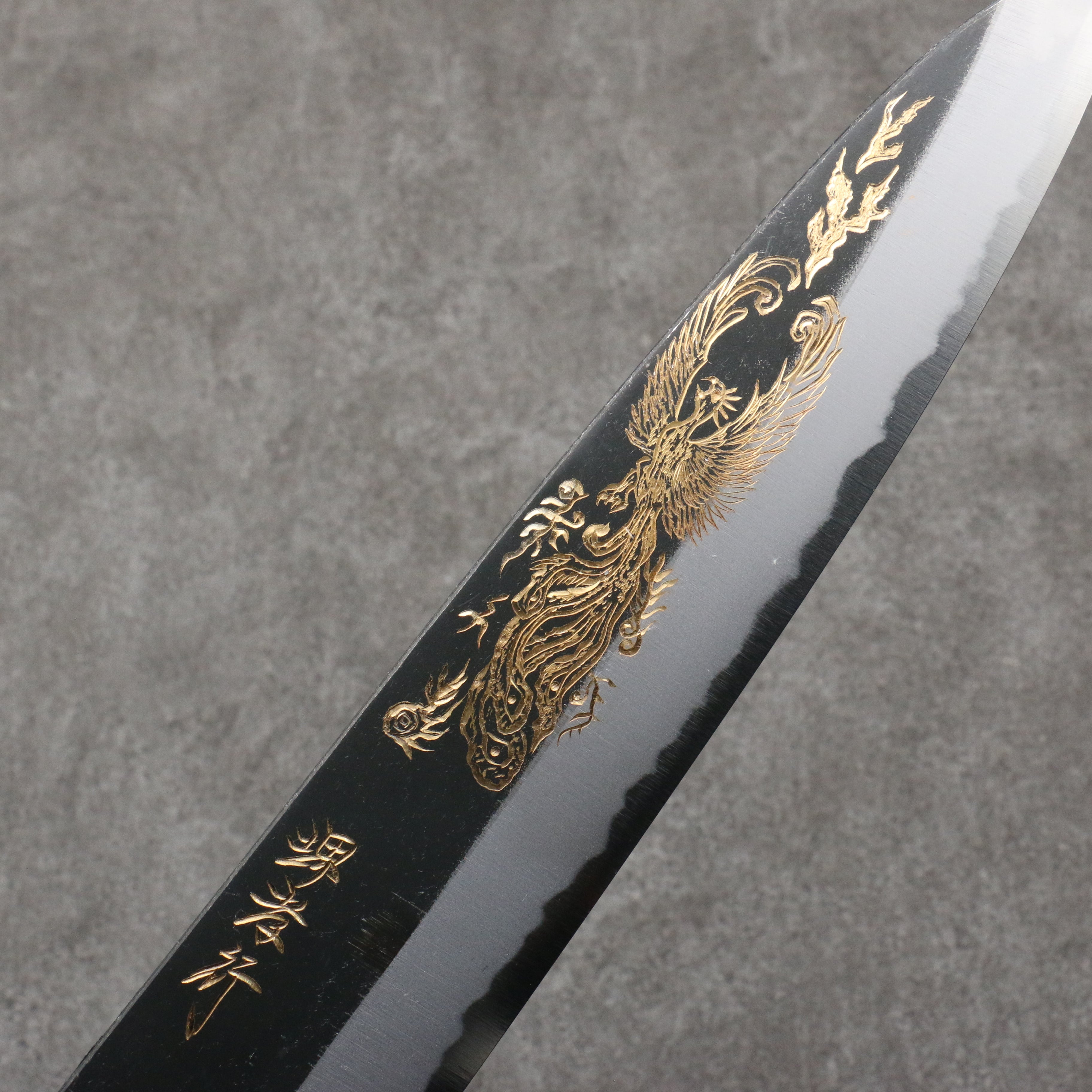 Sakai Takayuki Gold Filled Engraving by Kubota Houou White Steel No.2 Black Finished Gyuto  240mm Ebony Wood Handle - Seisuke Knife