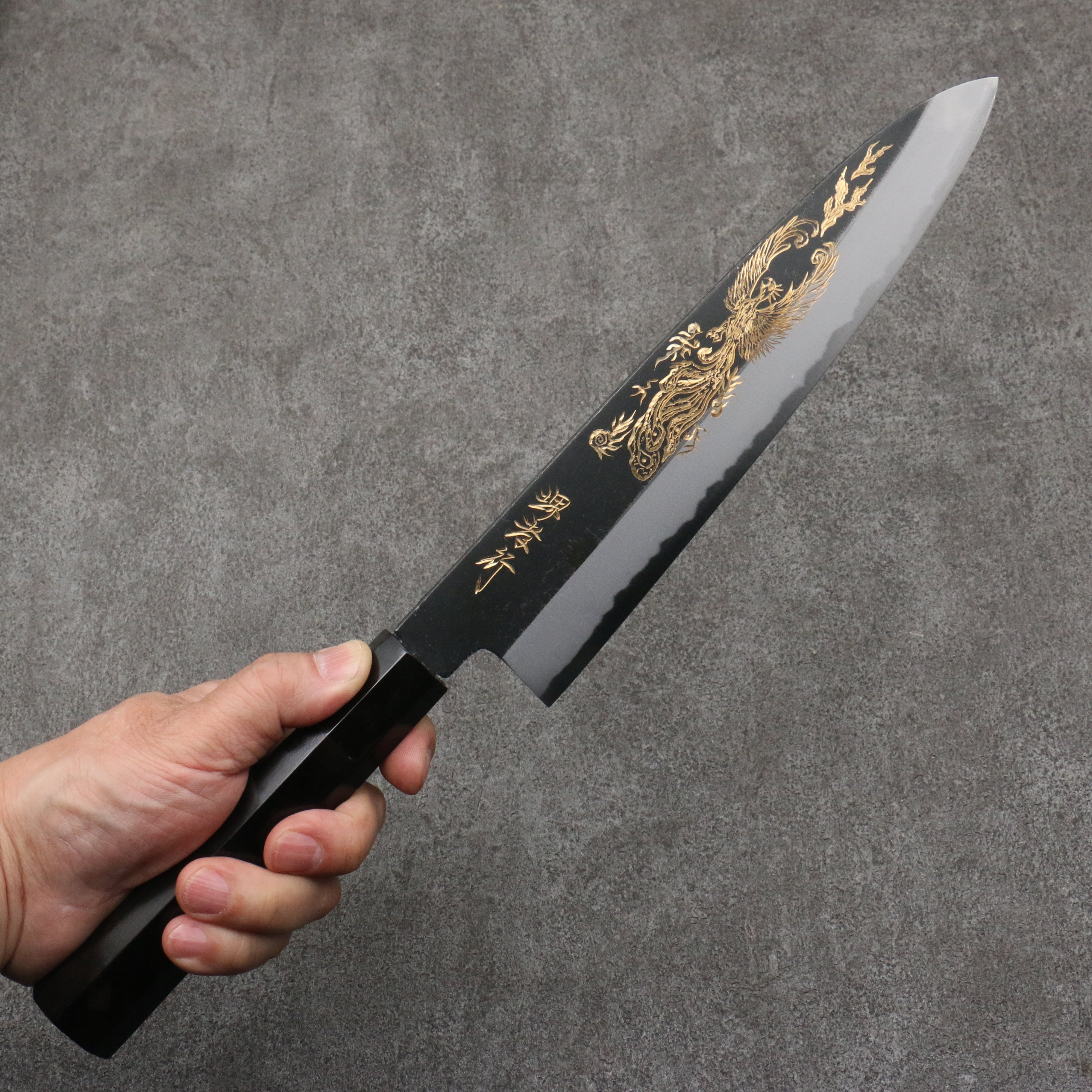 Sakai Takayuki Gold Filled Engraving by Kubota Houou White Steel No.2 Black Finished Gyuto  240mm Ebony Wood Handle - Seisuke Knife