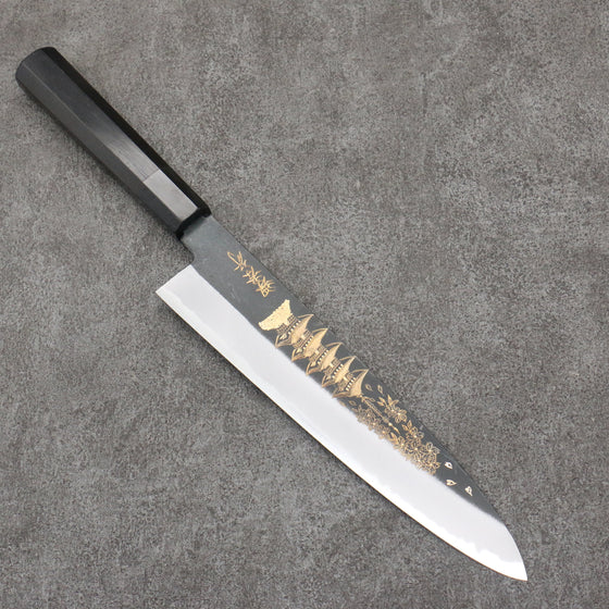 Sakai Takayuki Gold Filled Engraving by Kubota Gojunotou White Steel No.2 Black Finished Gyuto  240mm Ebony Wood Handle - Seisuke Knife