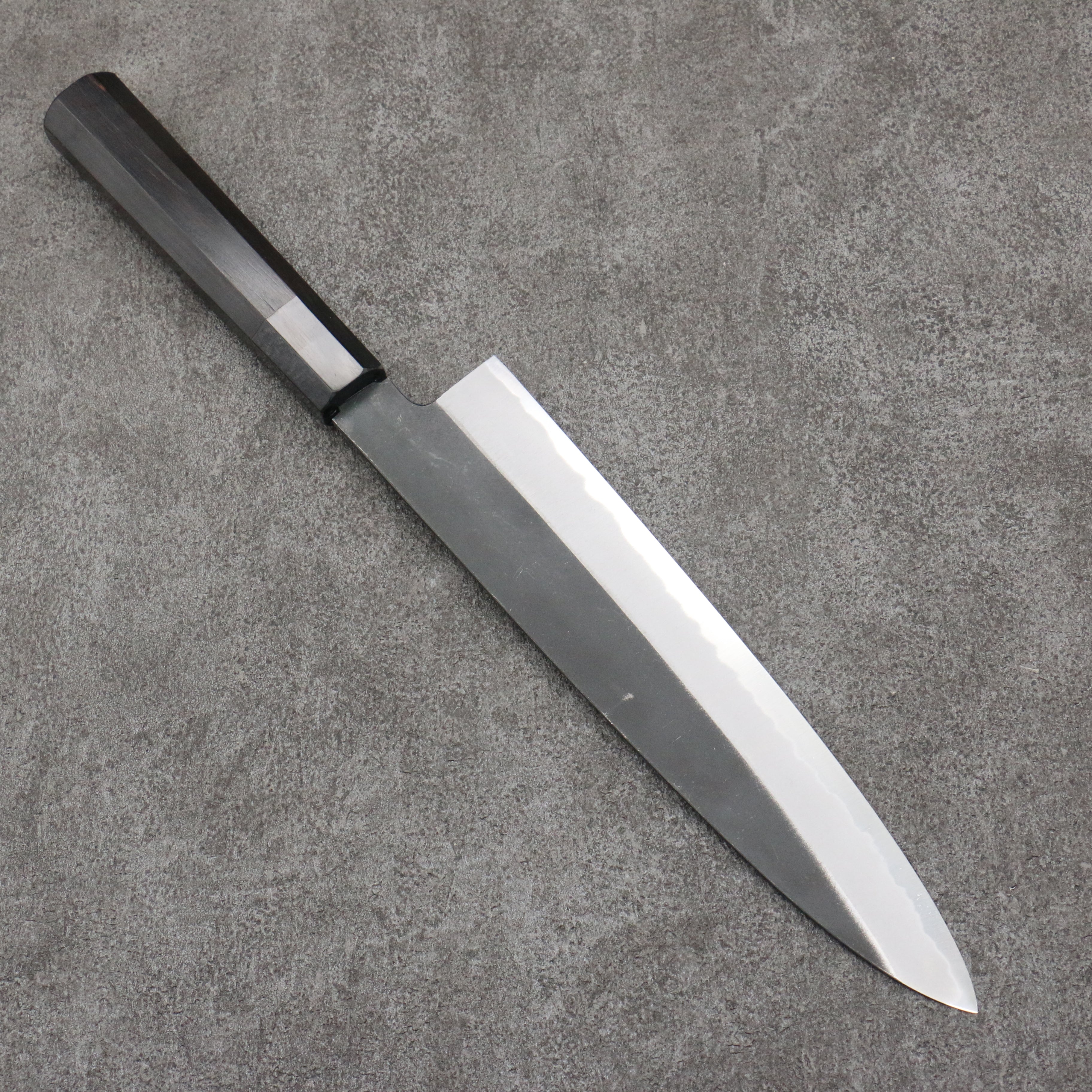Sakai Takayuki Gold Filled Engraving by Kubota Gojunotou White Steel No.2 Black Finished Gyuto  240mm Ebony Wood Handle - Seisuke Knife