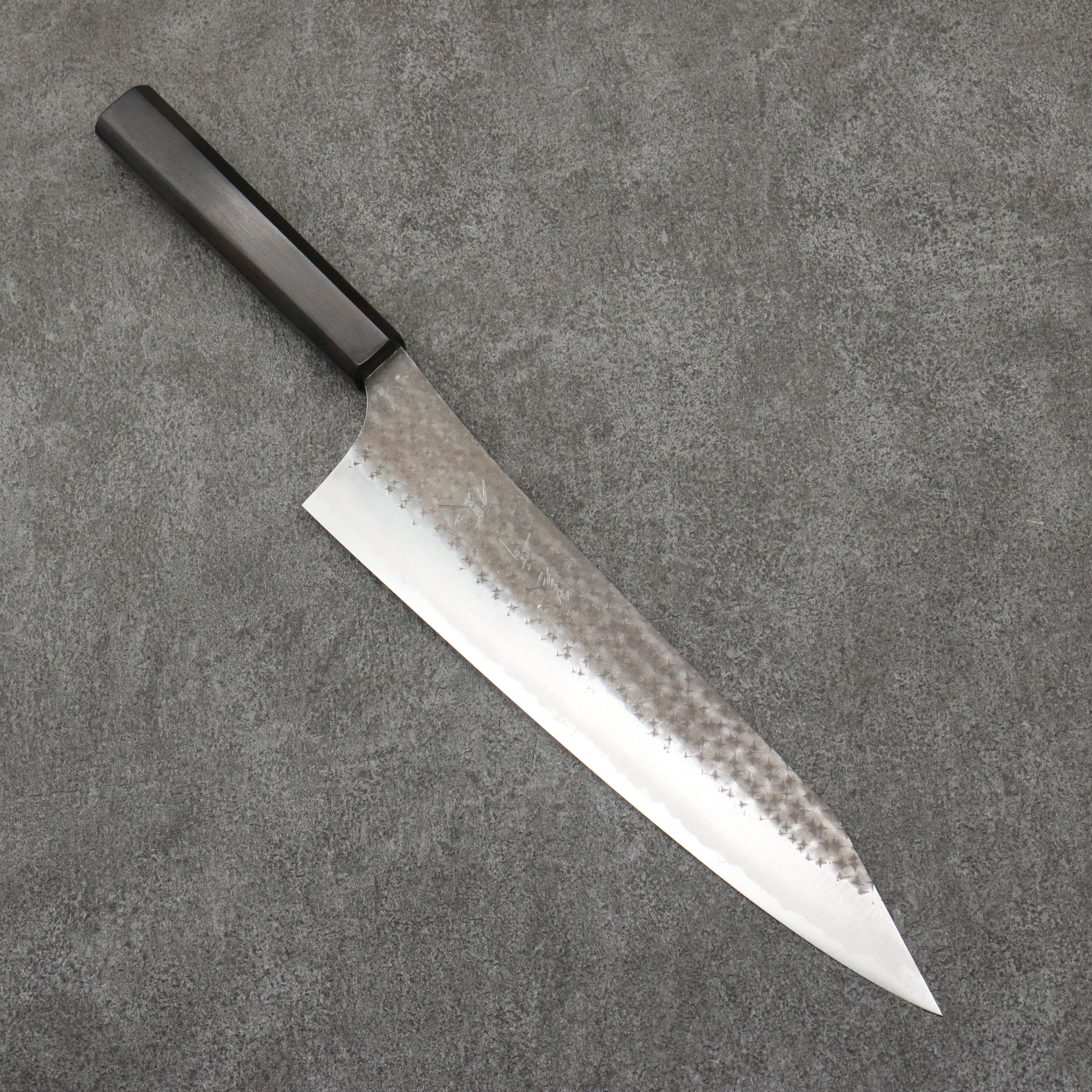 Yu Kurosaki Senko Ei Blue Super Hammered Black Finished Gyuto  240mm Ebony Wood Handle - Seisuke Knife