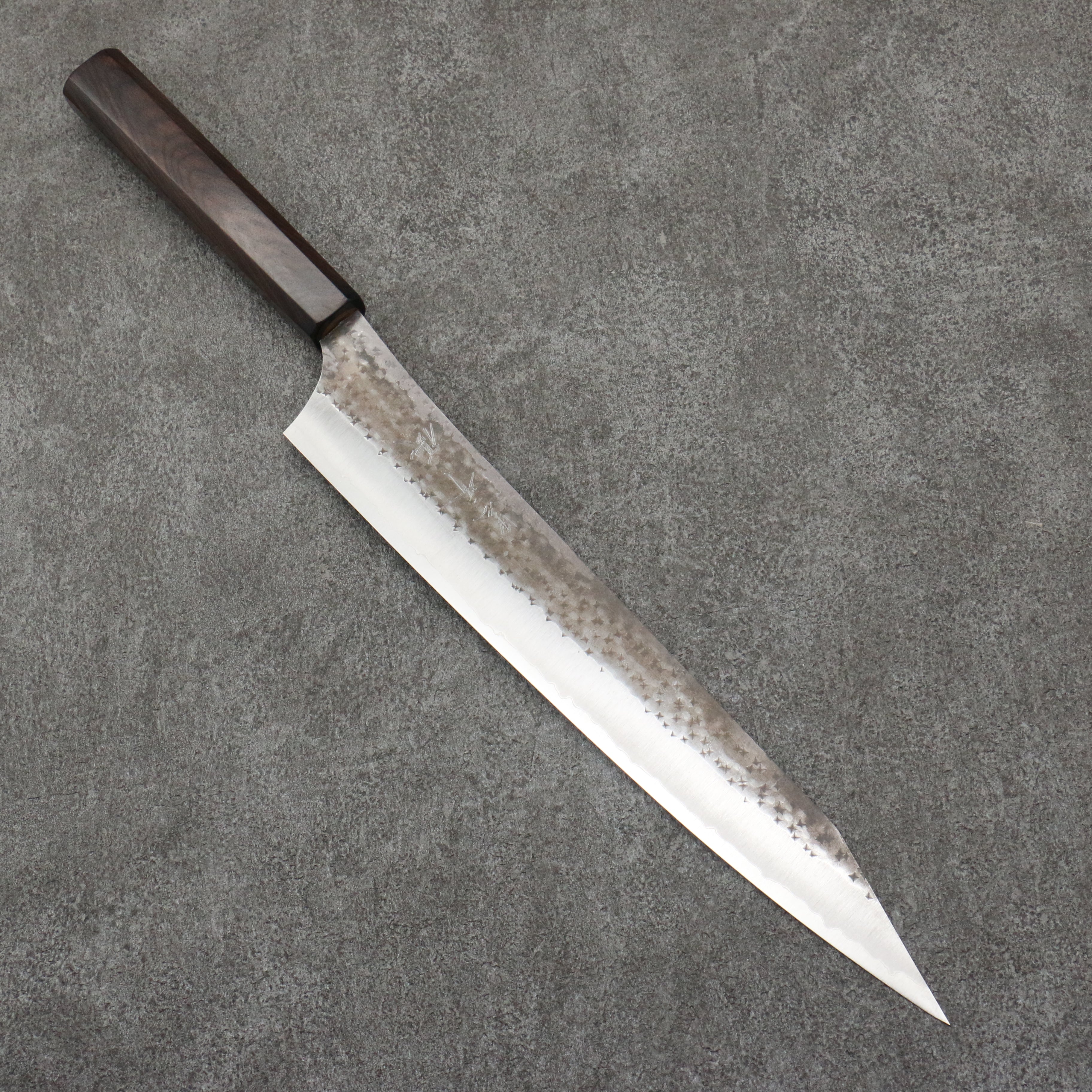 Yu Kurosaki Senko Ei Blue Super Hammered Black Finished Sujihiki  270mm Ebony Wood Handle - Seisuke Knife
